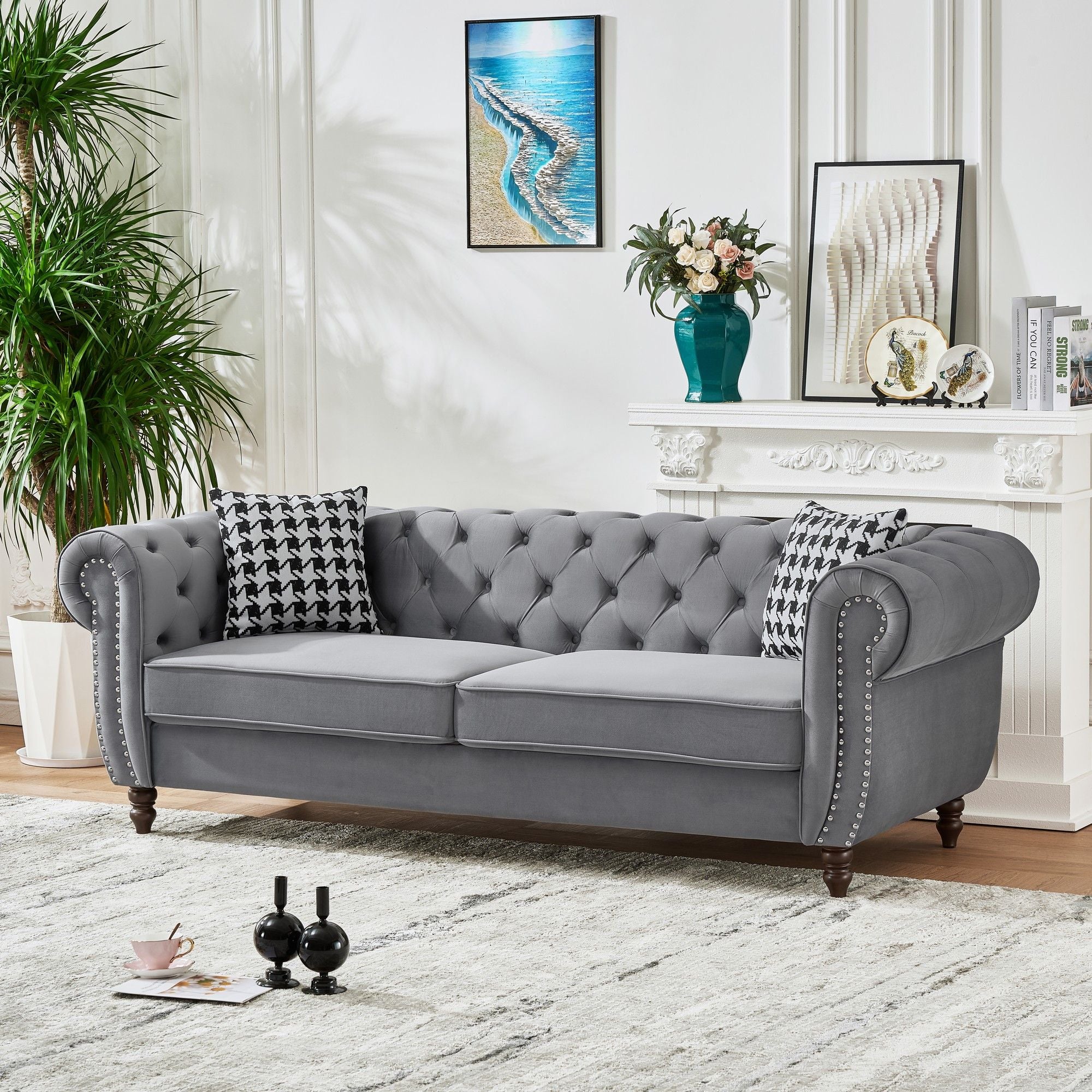 Chesterfield Upholstery Fabric Sofa With Roll Armrest & Nailhead, Mid Century Modern 3 And 3 Seater Couch