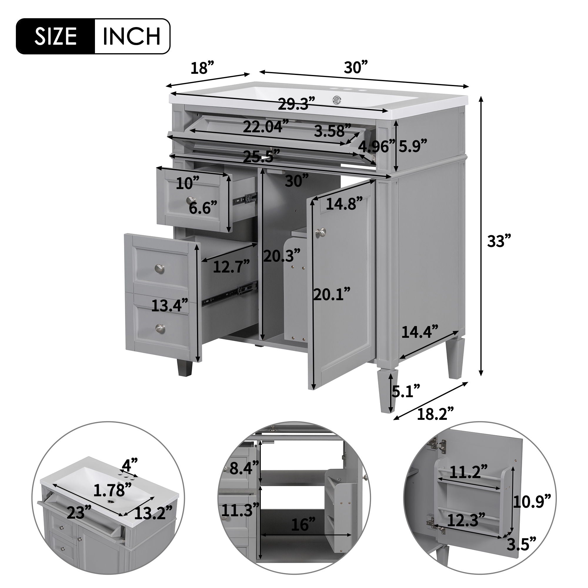 Bathroom Vanity With Top Sink, 2 Drawers And Tip Out Drawer, Rectangular Design