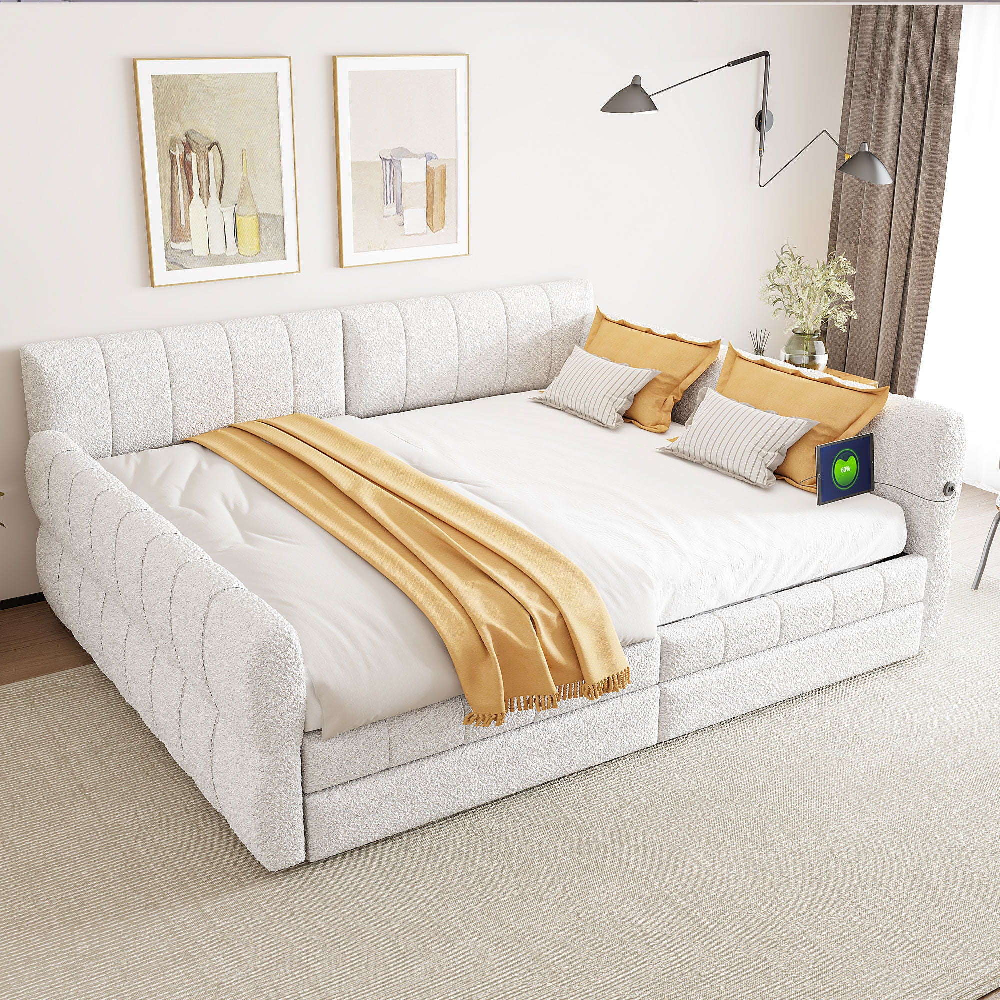 Queen Upholstered Platform Bed With USB Charging And 2 Storage Drawers - White