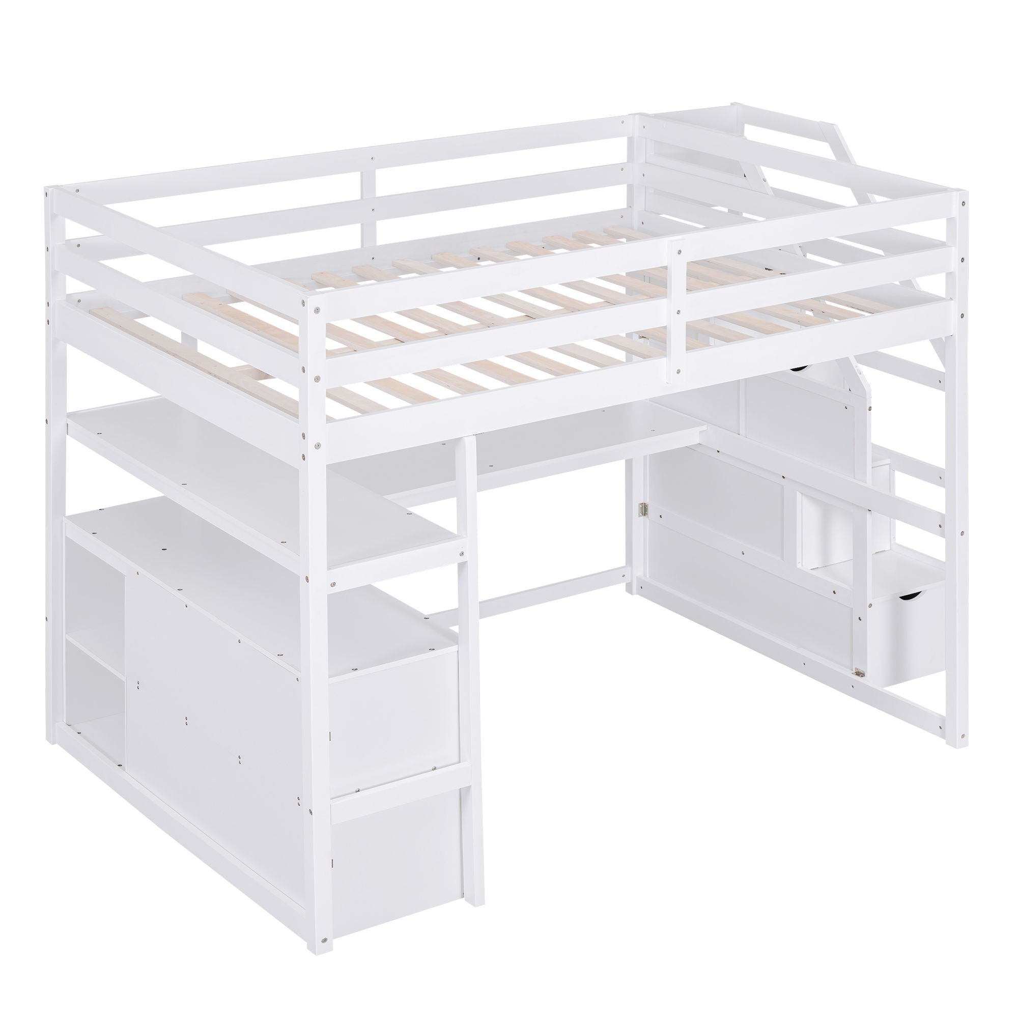 Loft Bed With Desk, Shelves, 2 Drawers, Storage Staircase