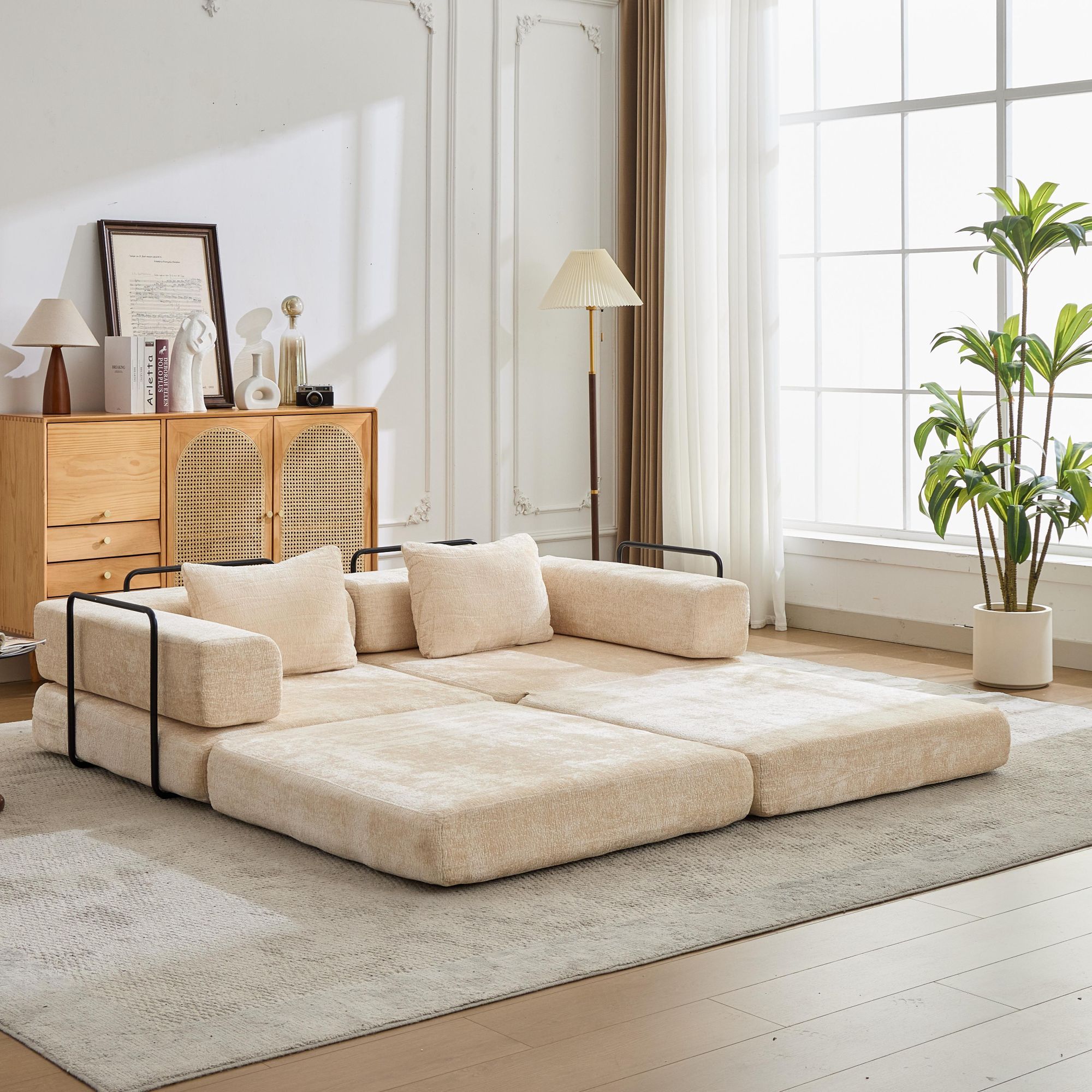 Convertible Floor Sofa Bed With Pillow Back Support Armrest
