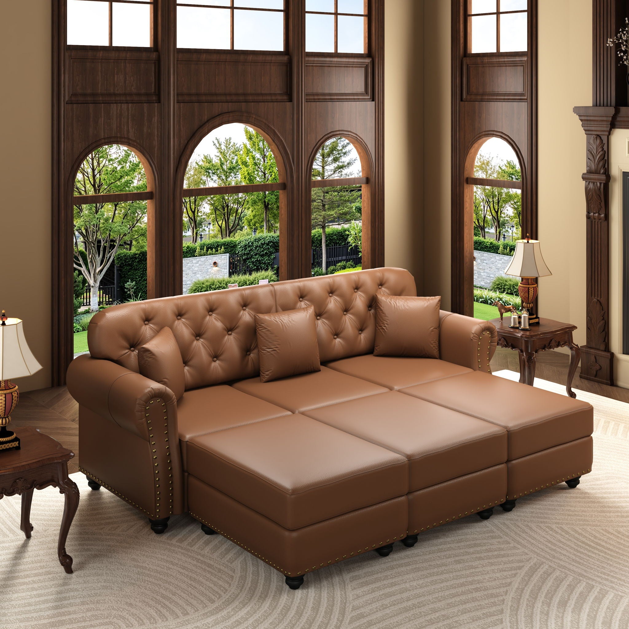 Upholstered Sofa With Nailhead Trim, Rolled Armrests With Ottoman