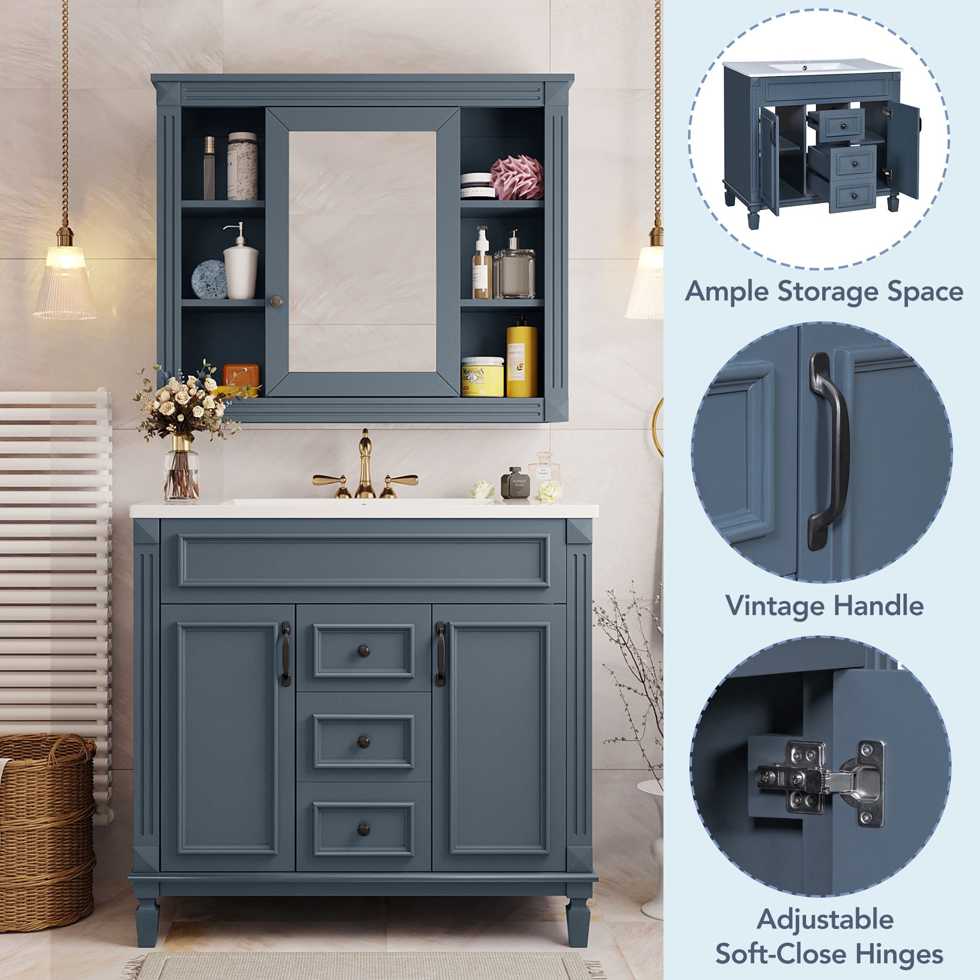 Bathroom Vanity With Top Sink, Mirror Cabinet, 2 Soft Closing Doors & 2 Drawers