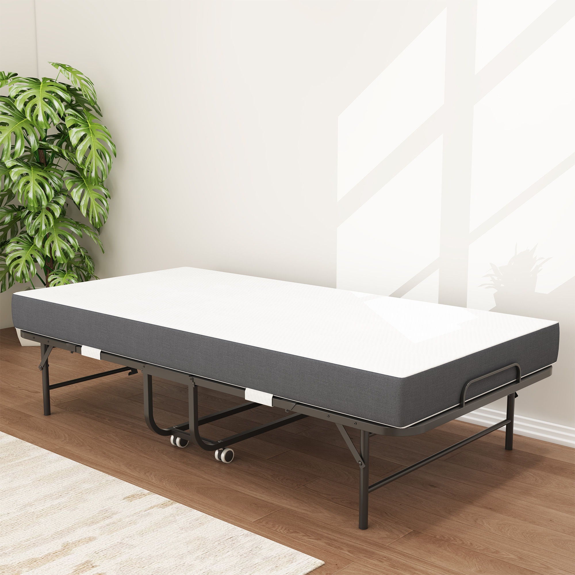 Twin Extra Long Folding Bed For Tall People, Heavy-Duty Rollaway Guest With Memory Foam Mattress - Black