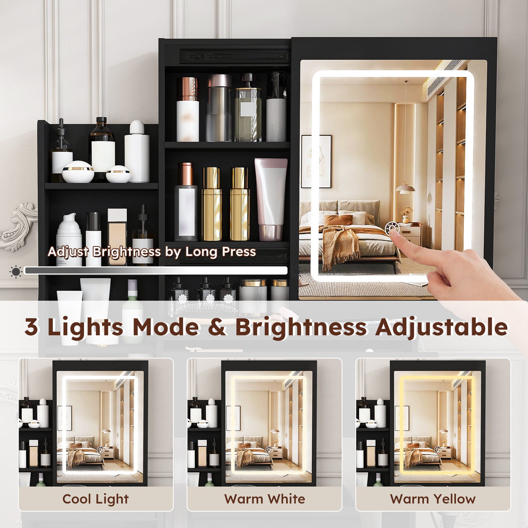 Vanity Desk With 3 LED Lighting Modes, 4 Drawers, Open Shelves, Hair Dryer Holder & Power Socket Dressing Table Set With Chair - Black