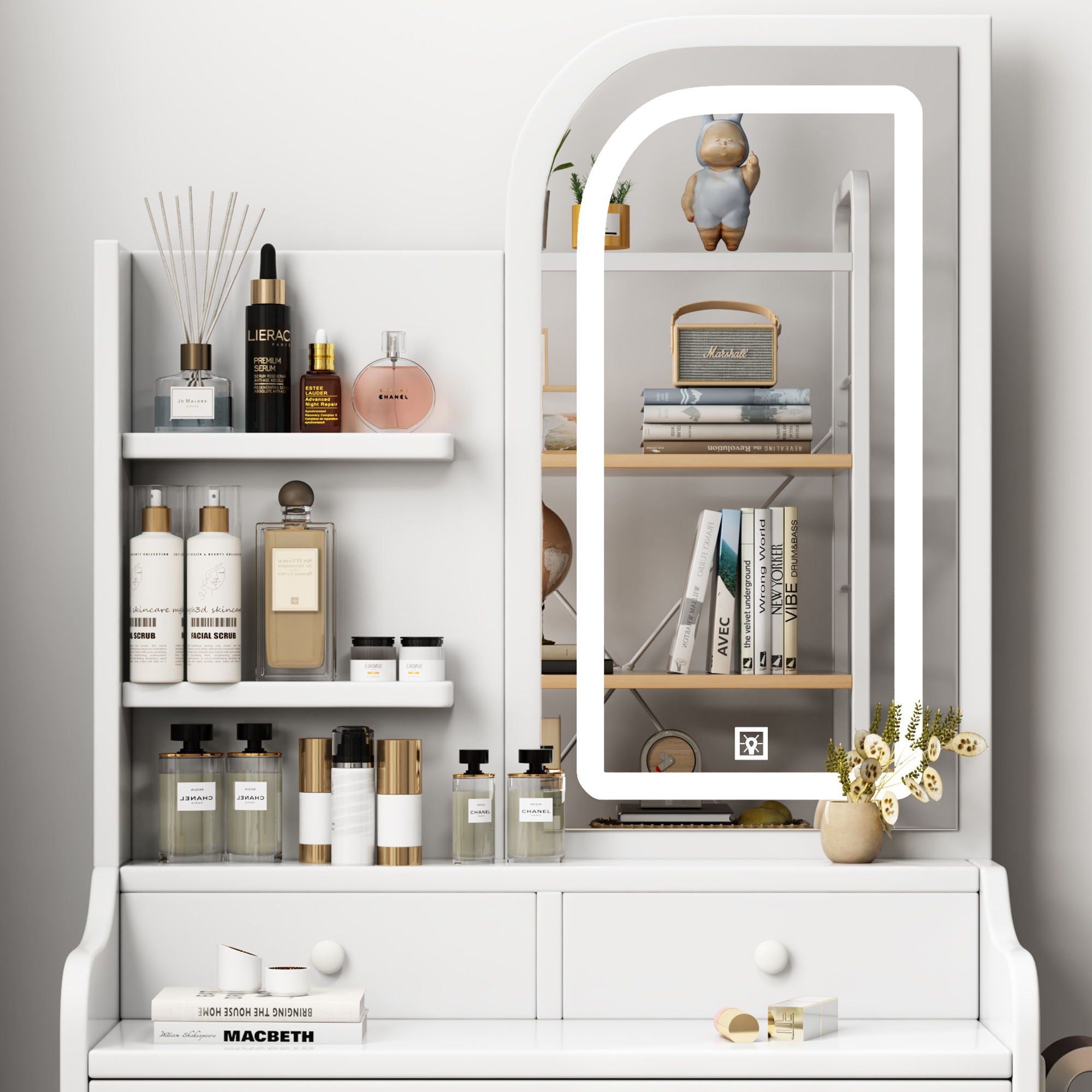 Fashion Vanity Desk With Mirror And Lights For Makeup, Hair Dryer Holder And Chair, Adjustable Lighting - White