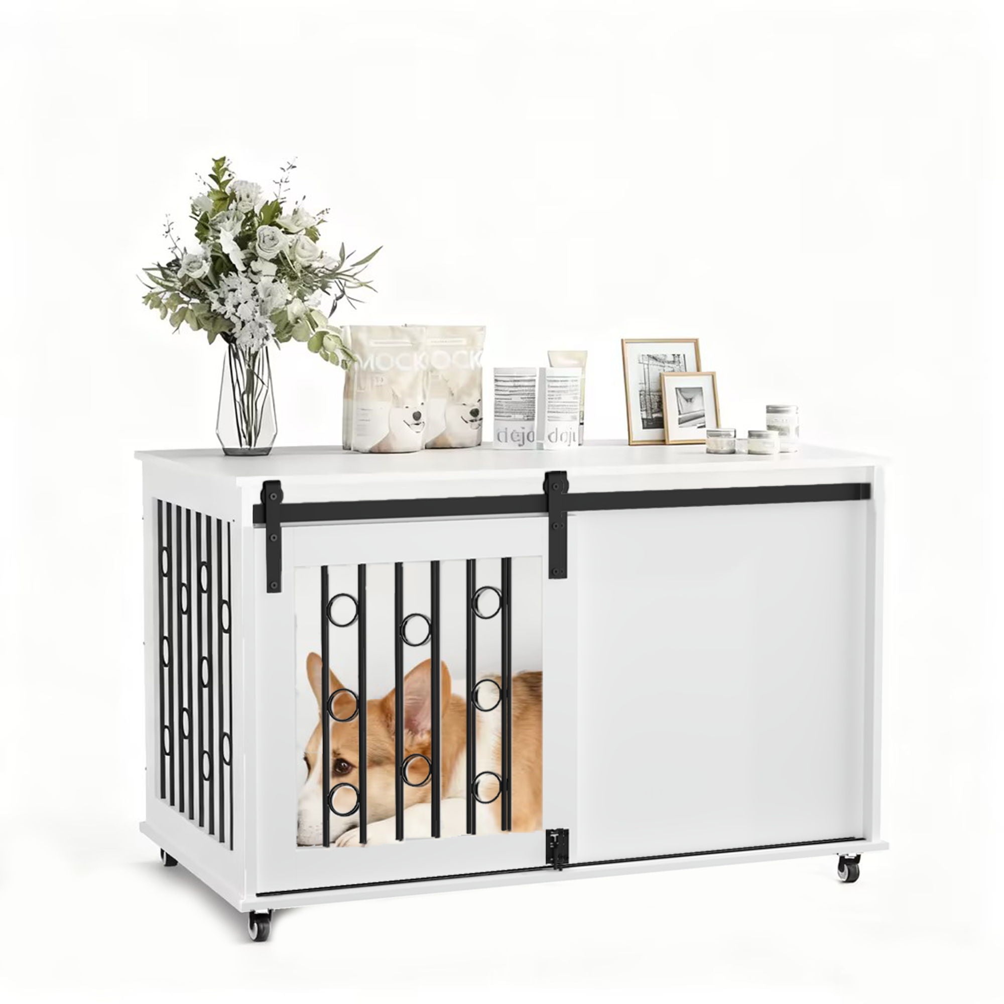 Dog Crate With Sliding Barn Door And Side Access, Lockable Wheels For Small To Medium Dogs - White