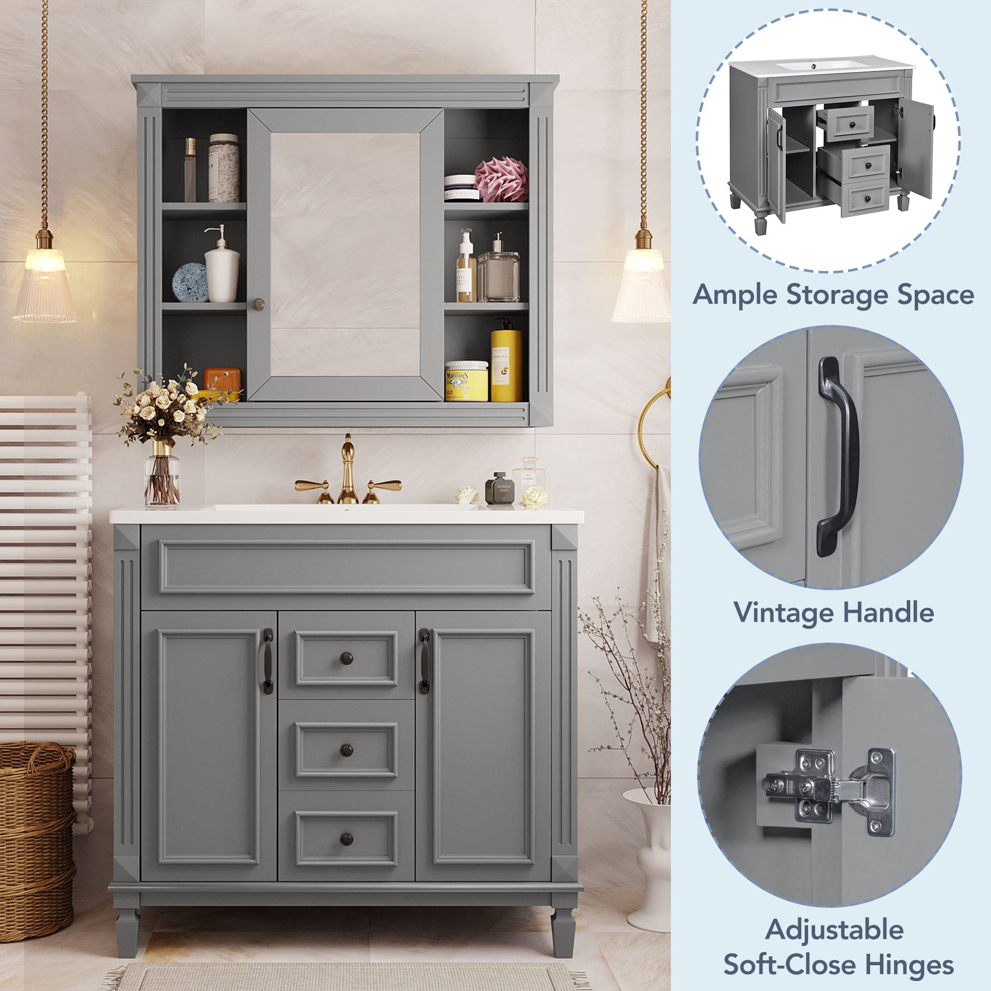 Bathroom Vanity With Top Sink, Mirror Cabinet, 2 Soft Closing Doors & 2 Drawers