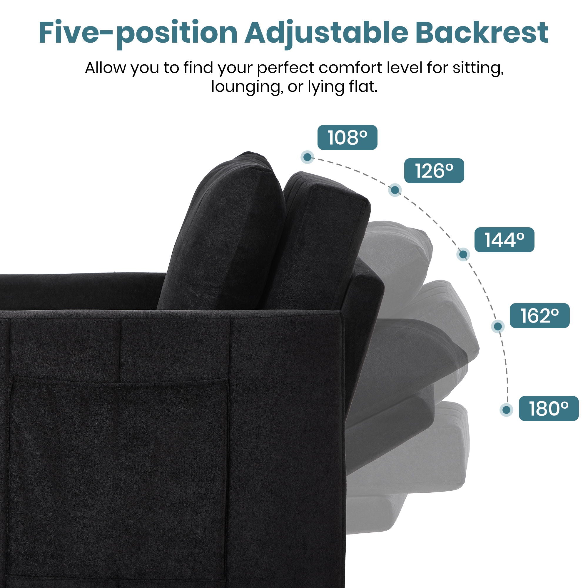 Upholstered Convertible Sleeper Sofa With 5 Position Backrest, Side Pockets, Storage