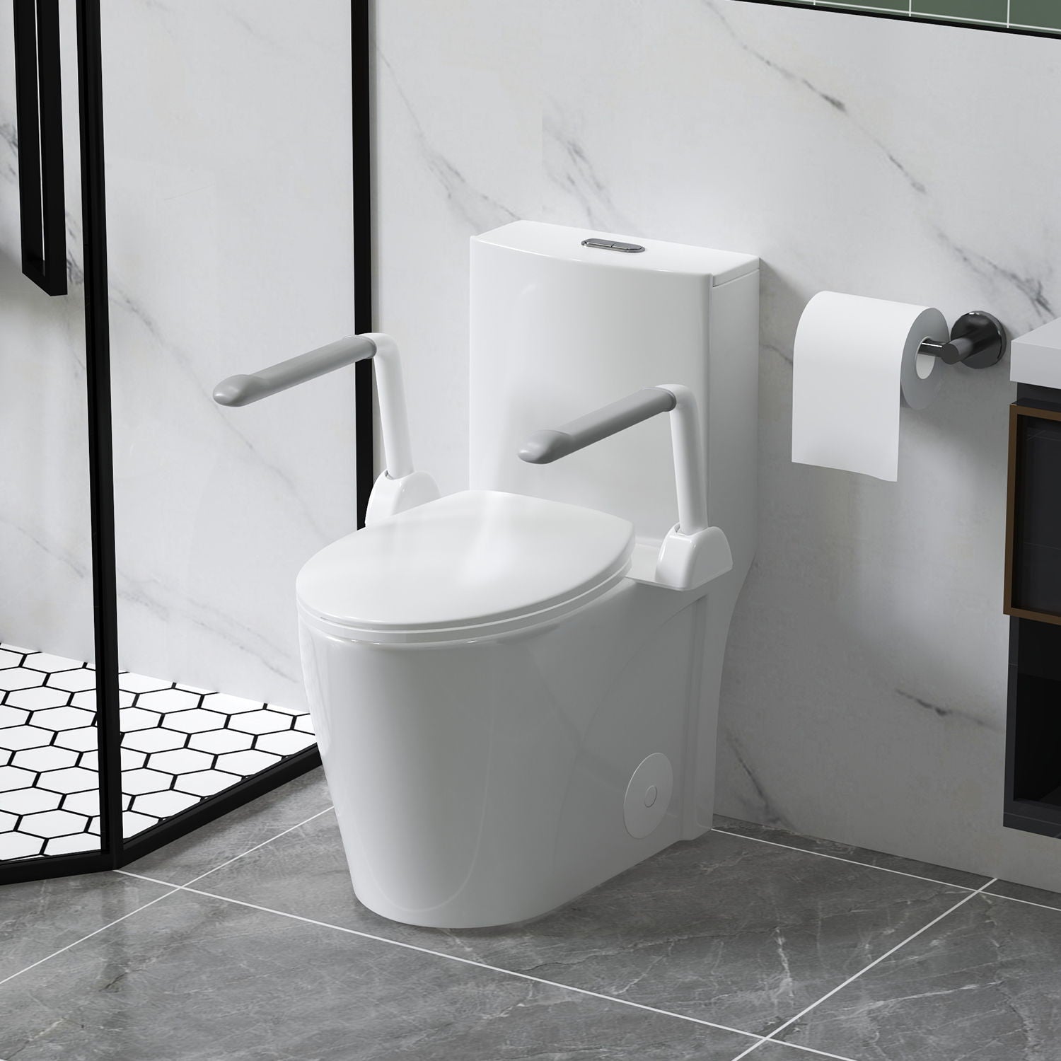 Upgraded Design Armrest, With Glossy Gw 007 1 Piece Toilet With Tornado Flush, Soft Close Seat, Dual Flush Map 1000G, Comfort Chair Seat - Gloss White
