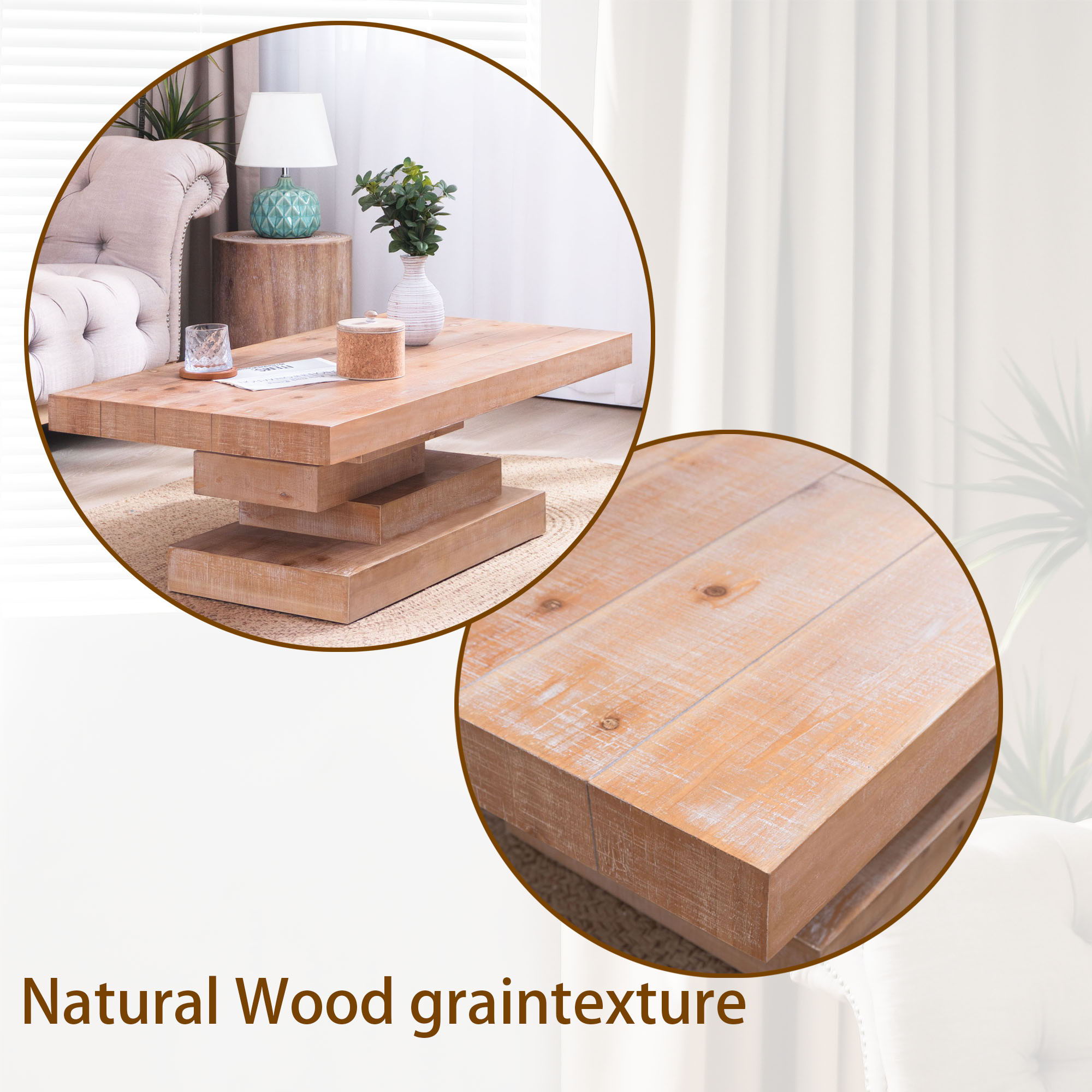 Modern Rustic Coffee Table, Rectangular Center Table For Living Room - Natural Wood Wash / Rustic