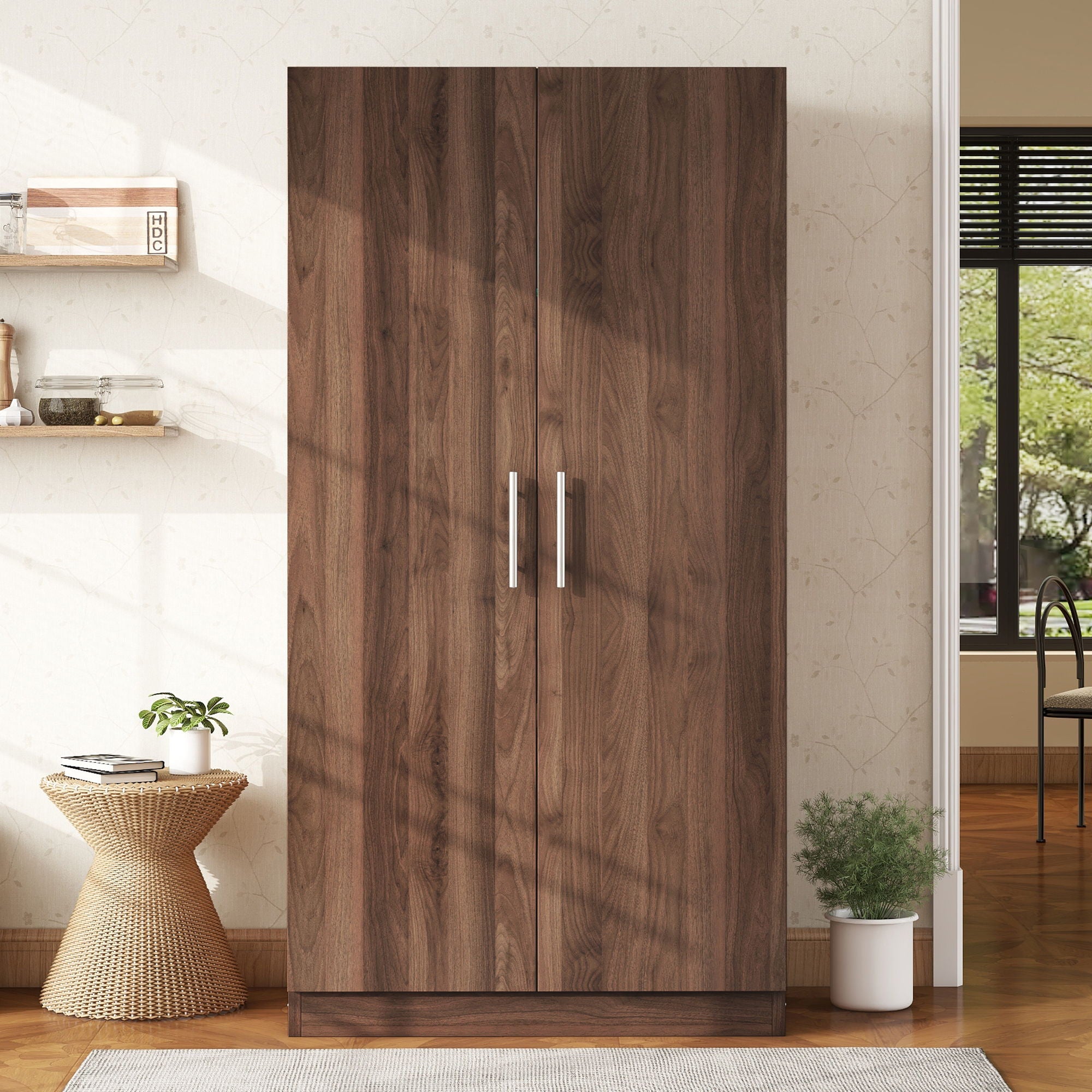 2 Door Wooden Wardrobe Armoire With 3 Storage Shelves - Brown