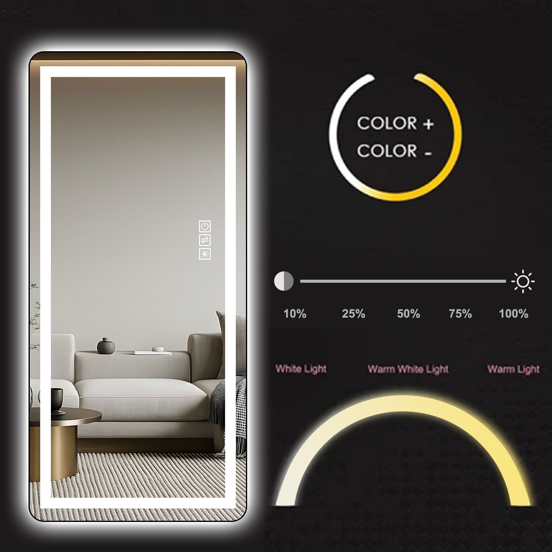 Full-Length Vertical Mirror With LED Light, Dimming Wall Mirror With Frame