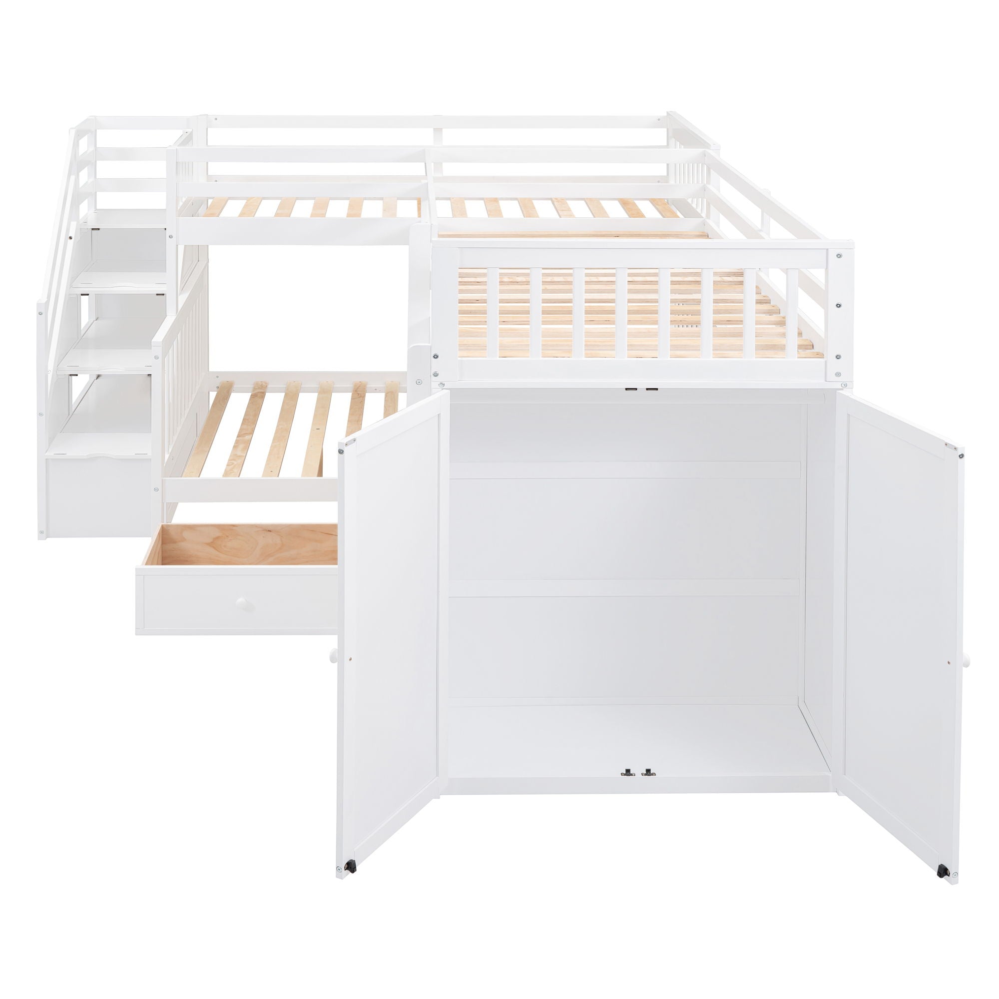 L Shaped Bunk Bed With 3 Drawers, Portable Desk And Wardrobe