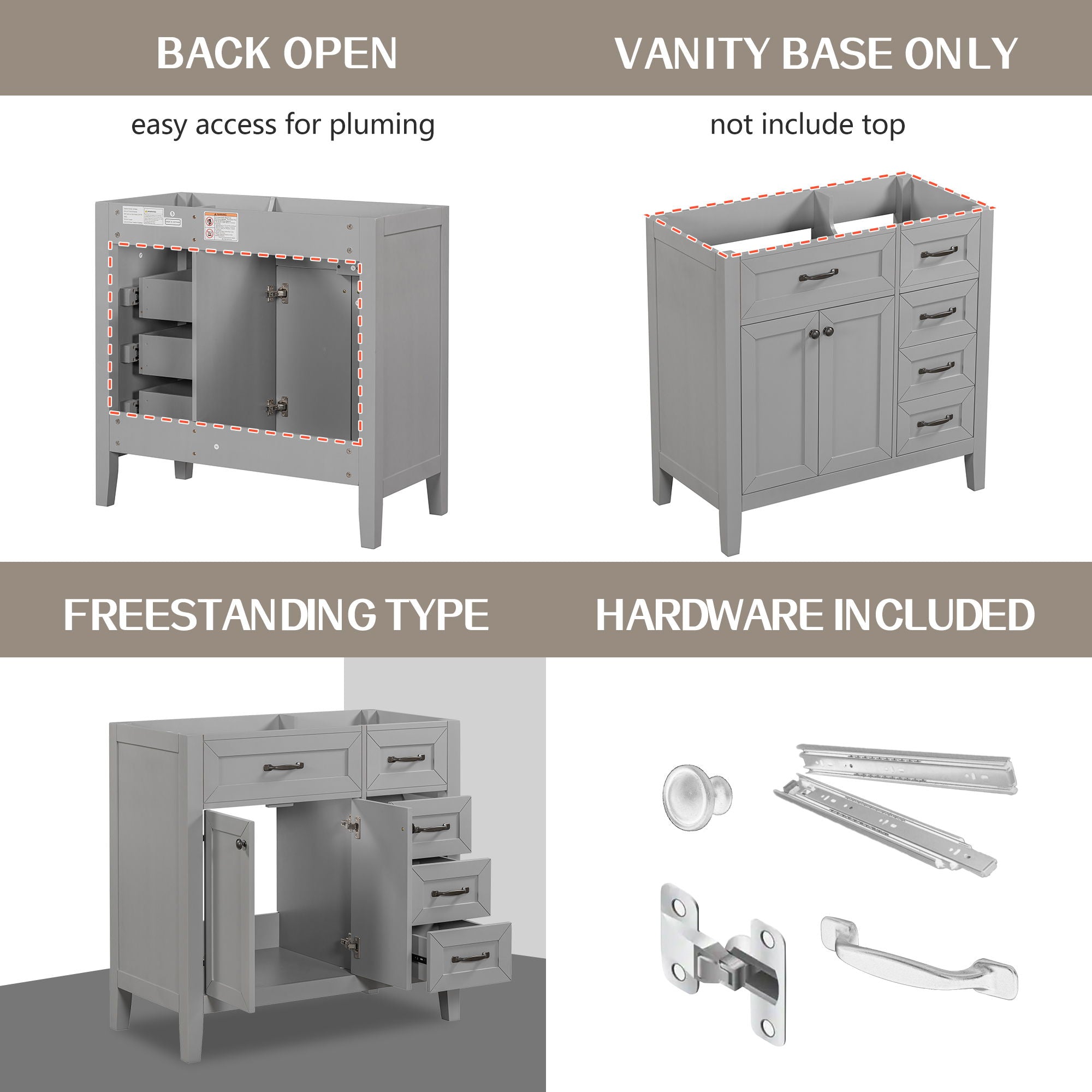 Modern Bathroom Vanity Base Only, 2 Doors And 3 Drawers