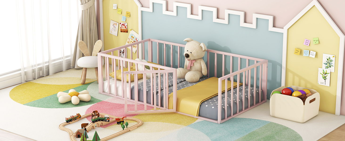 Metal Floor Bed Frame With Fence And Door