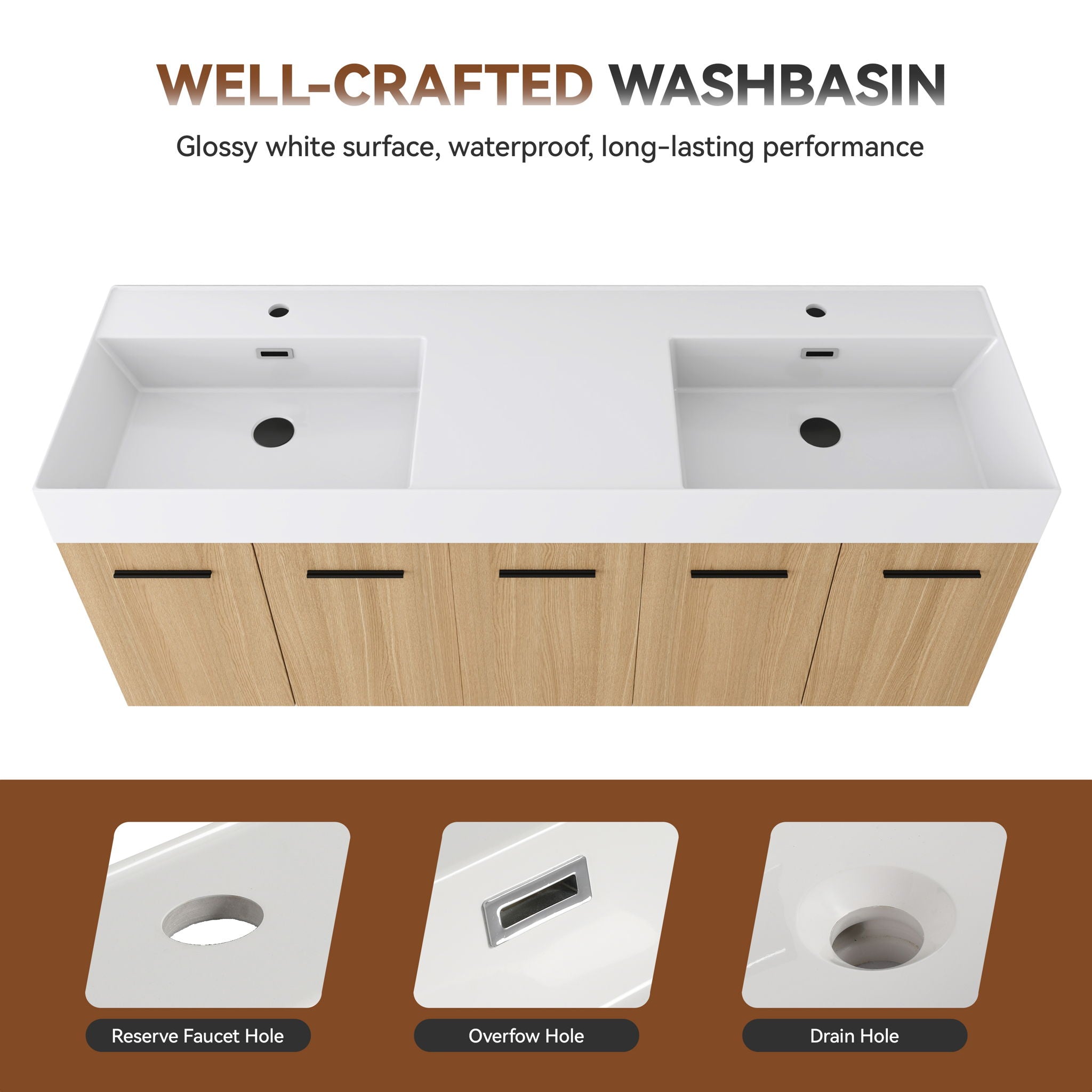 Floating Double Sink Bathroom Vanity With Extra Large Storage, Integrated Sink, Soft Close Doors, Wall Mounted Bath Vanity - Glossy White / Light Oak