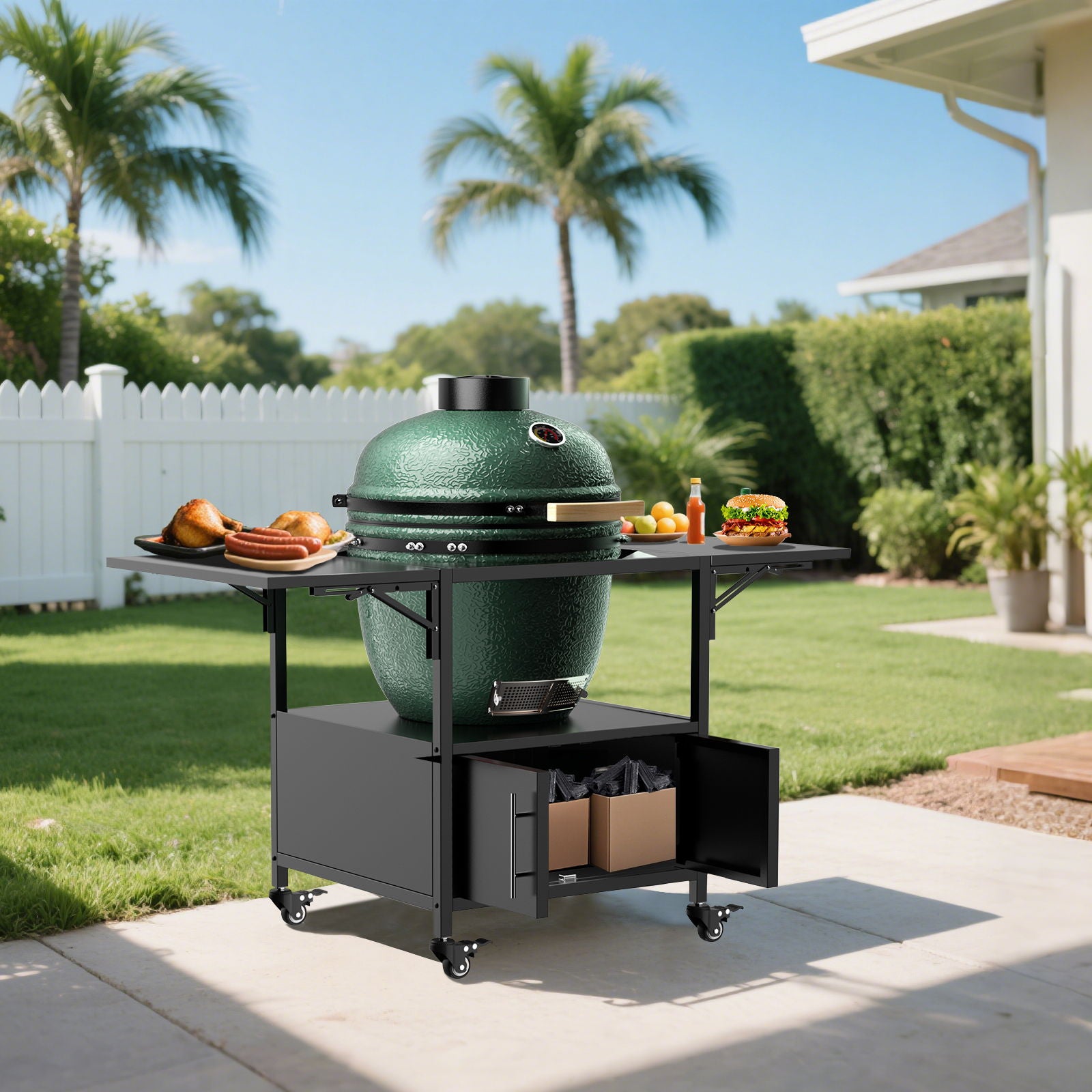 Outdoor Grill Table For Big Egg Style Bbq Metal Grill Cart With 2 Folding Panels Metal - Black
