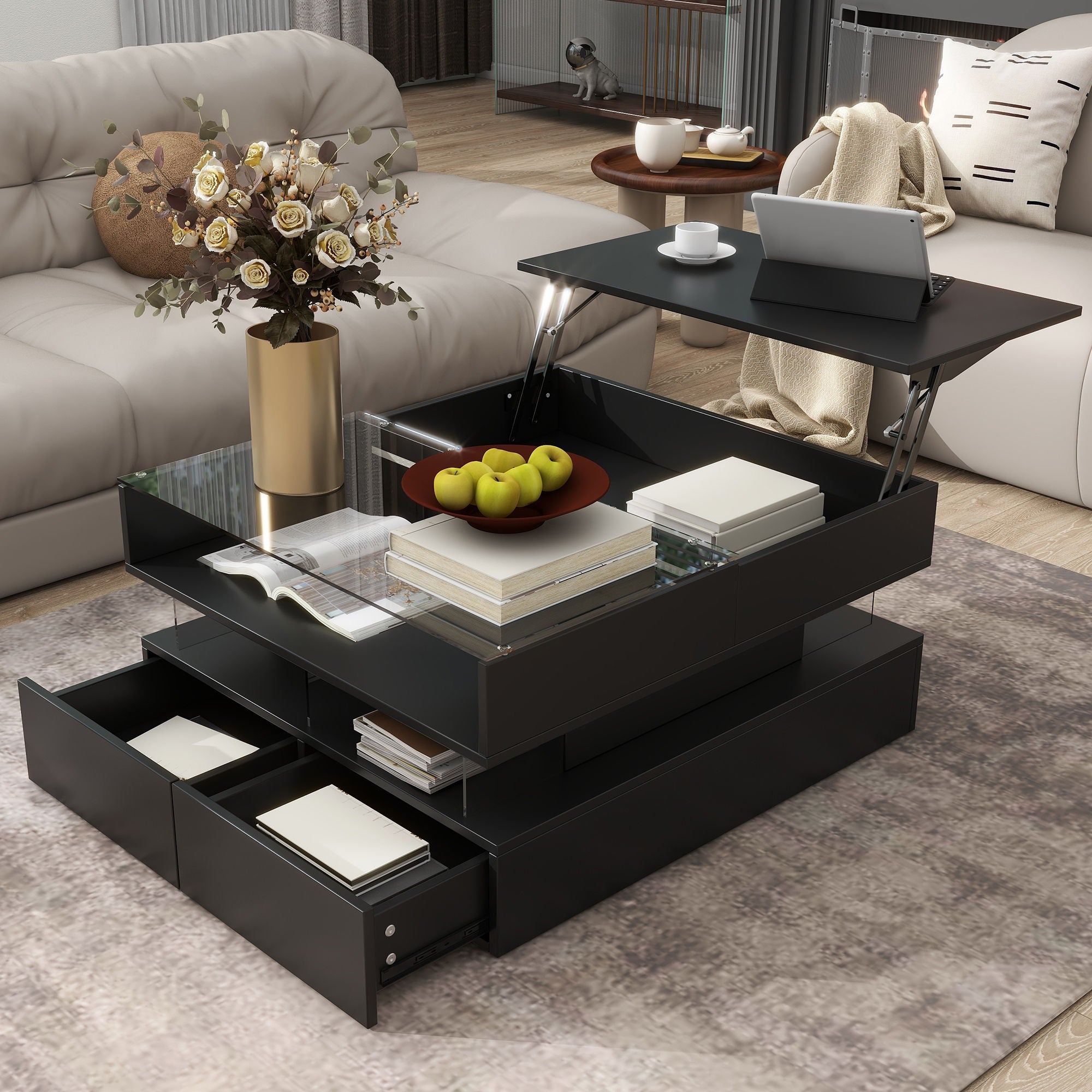 Lift Top Coffee Table With 2 Drawers, Hidden Space And LED Lights For Living Room