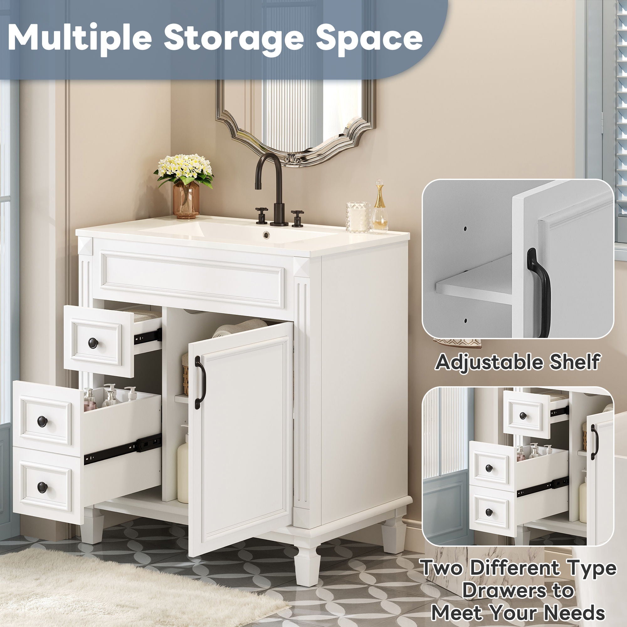 Bathroom Vanity With Sink, Cabinet With 2 Drawers And Adjustable Shelf