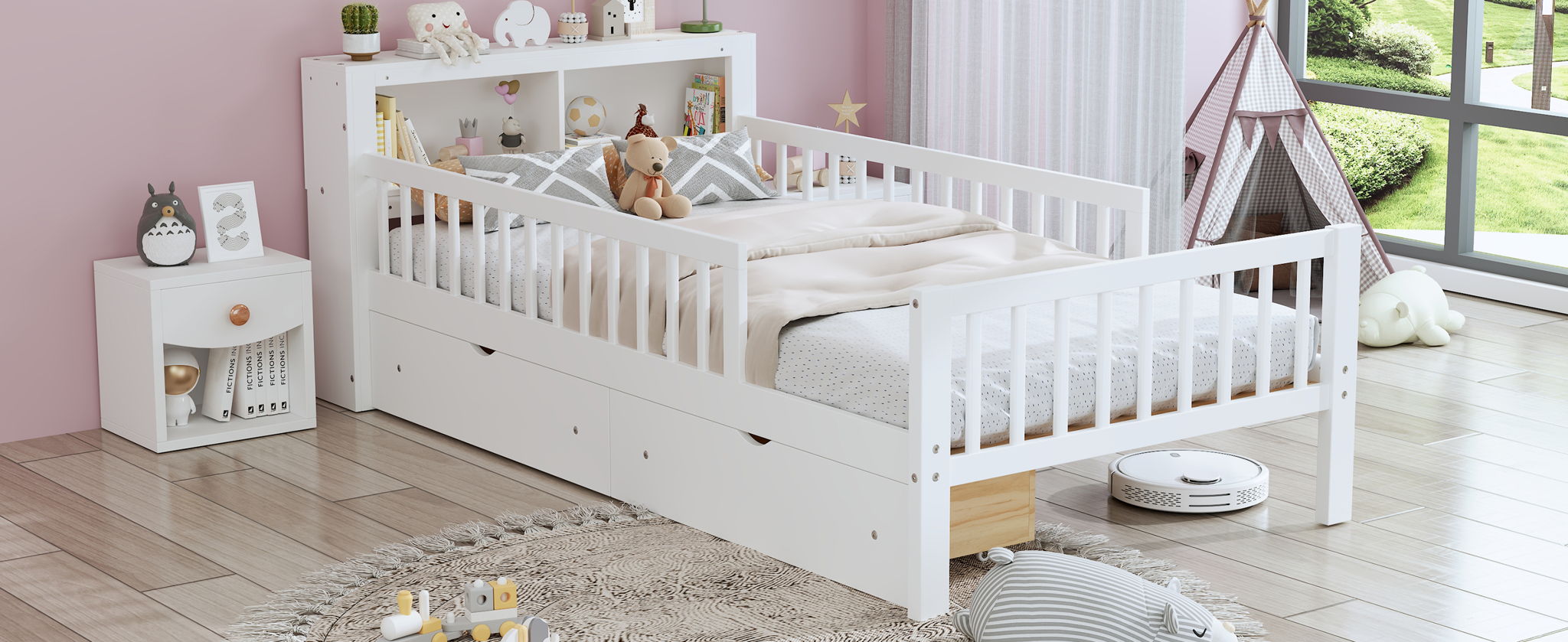 Bed With Headboard Storage Rack, 2 Under Bed Drawers, 3 Side Guardrails For Safety