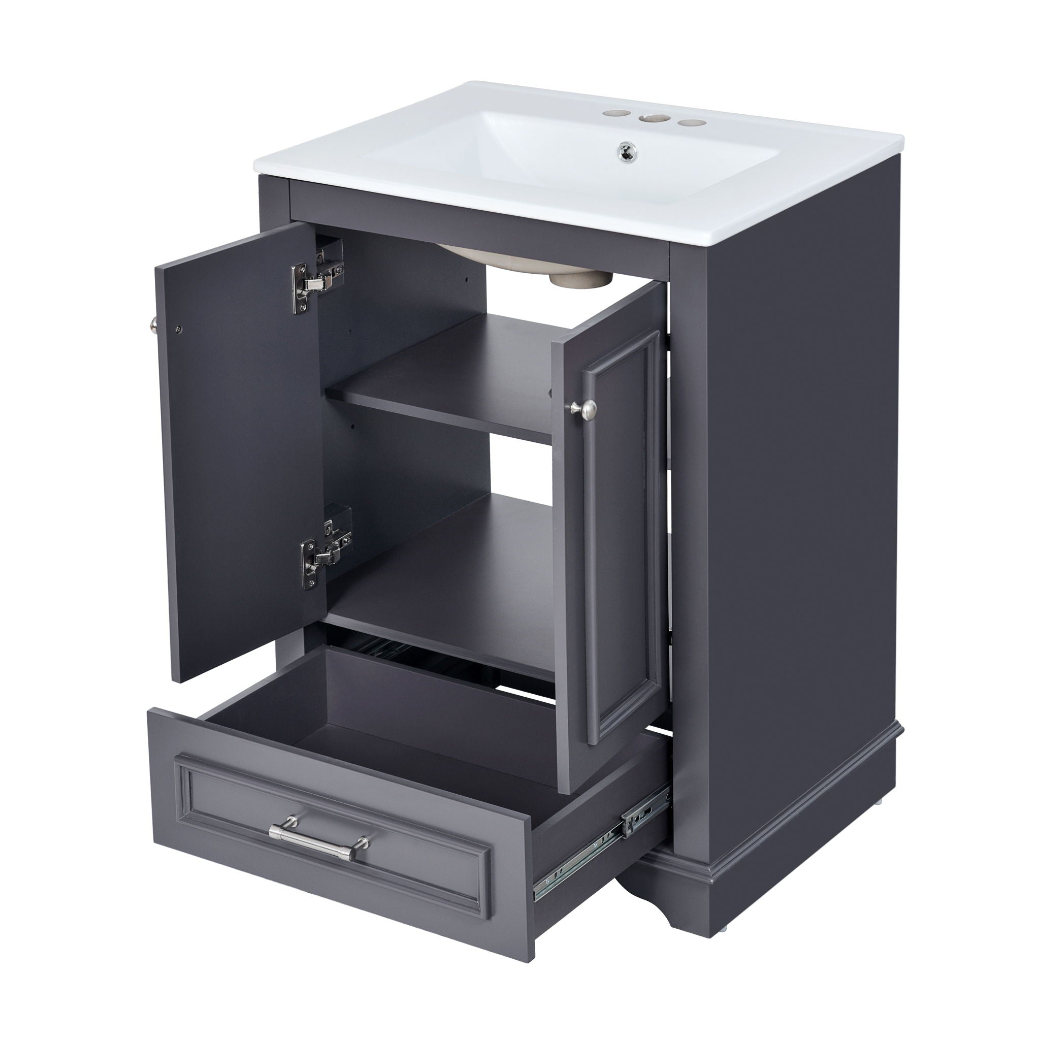 Bathroom Vanity With Ceramic Sink Combo, Modern Freestanding Storage Cabinet With Silver Handles