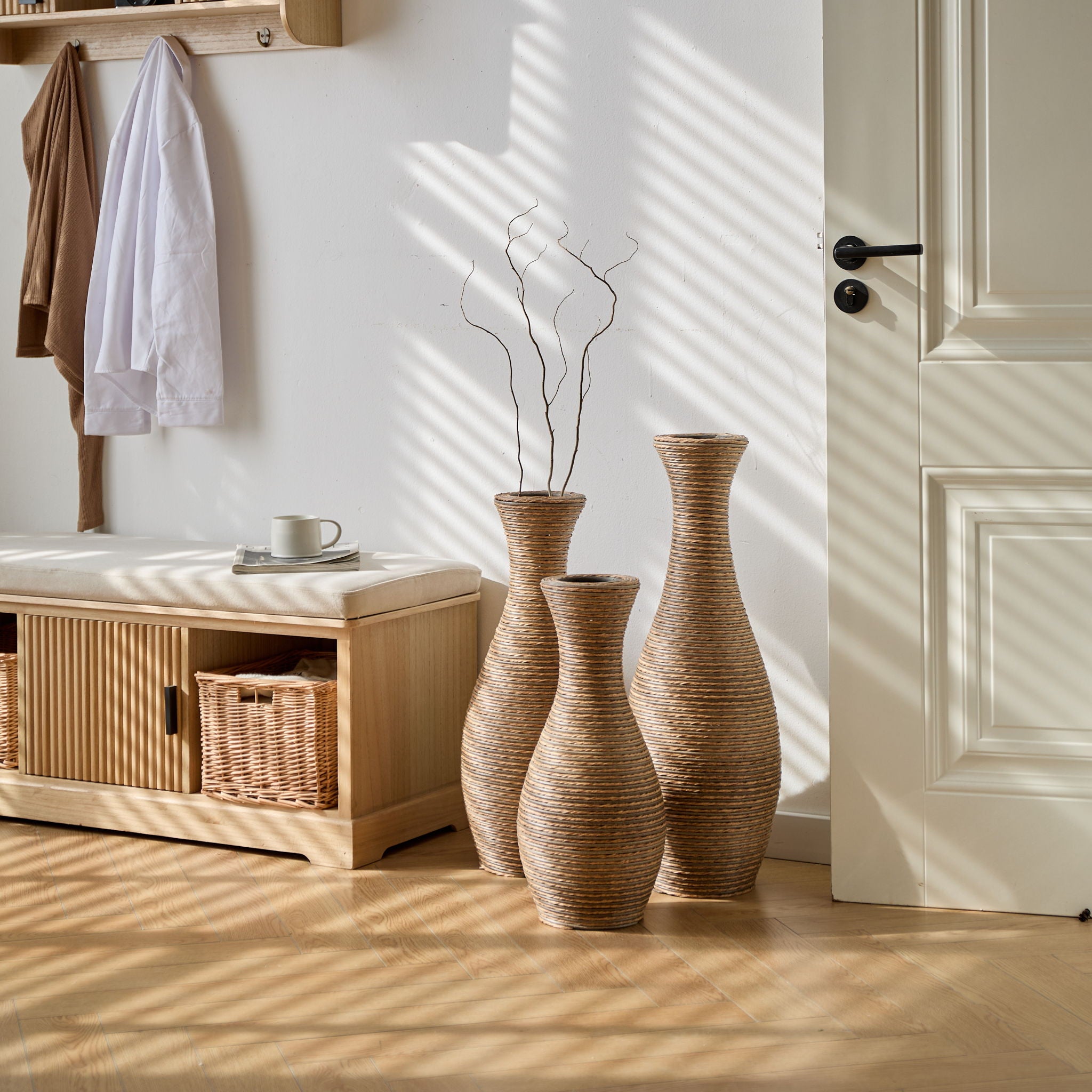 3 Piece Artificial Rattan Floor Vase Set Decorative Accent For Living Room, Hallway & Entryway, Ideal For Dried Or Silk Flower Arrangements - Beige