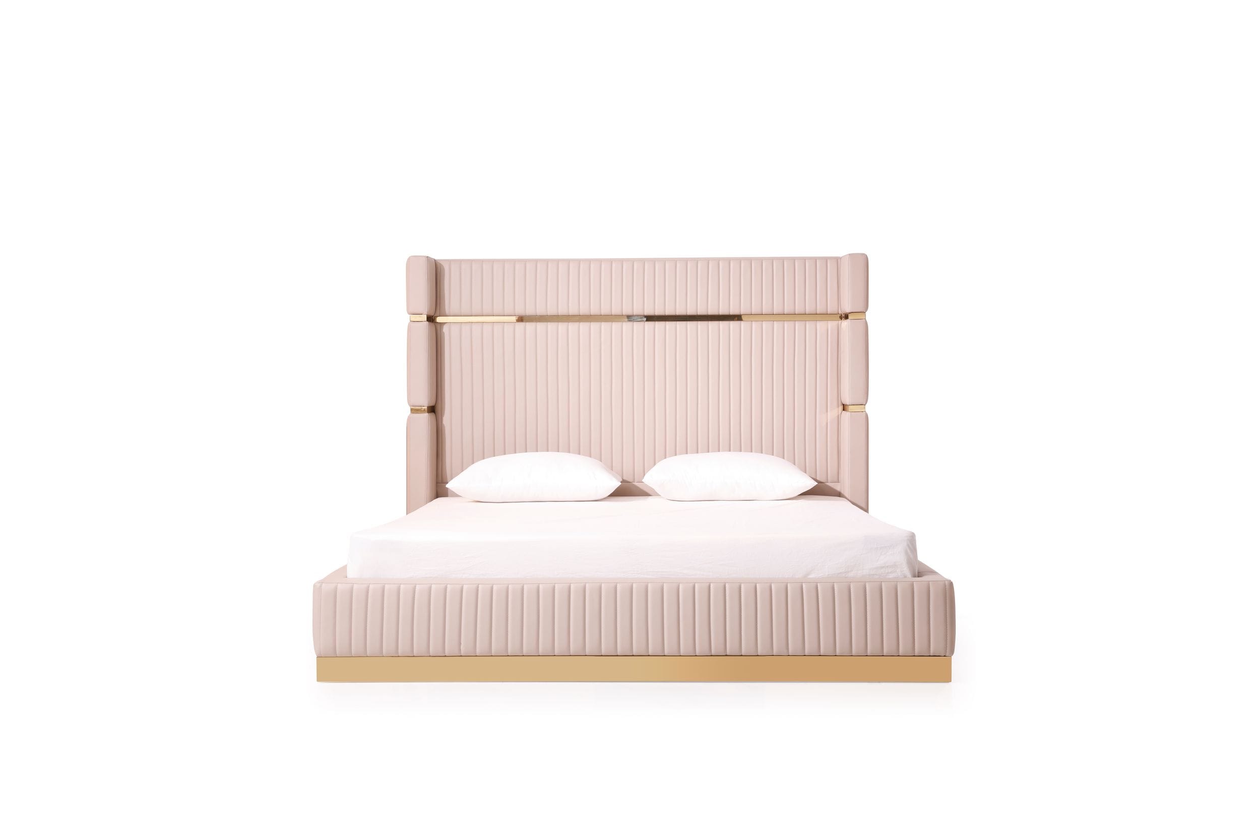Modrest Sterling - Eastern King Modern Beige + Rose Gold Bed + Nightstands