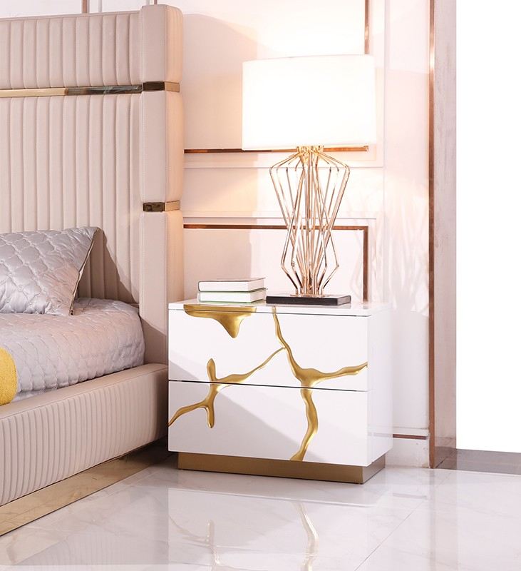 Modrest Sterling - California King Modern Beige + Rose Gold Bed + Nightstands