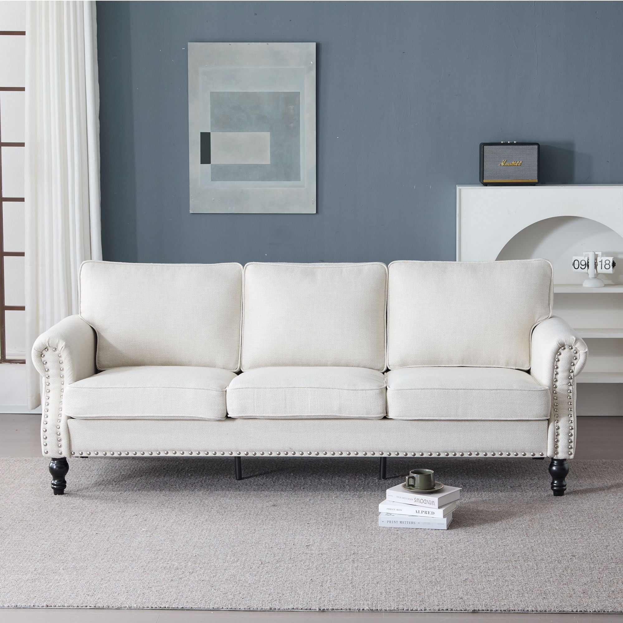 Rolled Arm Sofa With Nailhead Trim With Wooden Legs