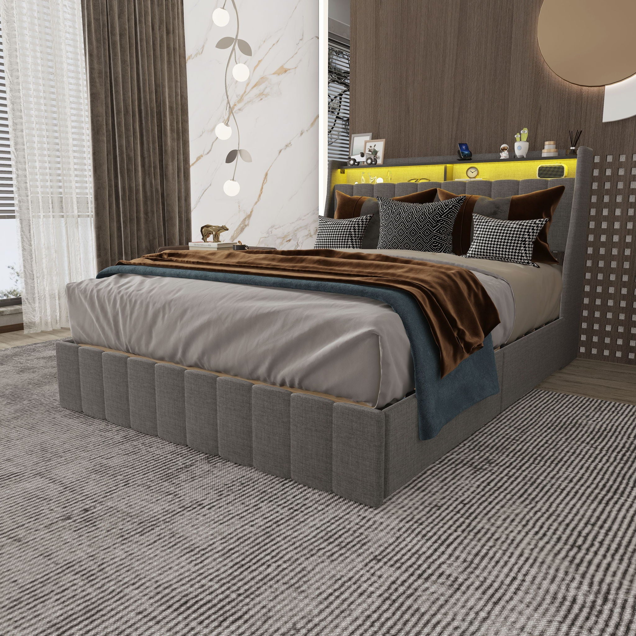 Bed With LED Lights, 4 Drawers, Winged Headboard Upholstered