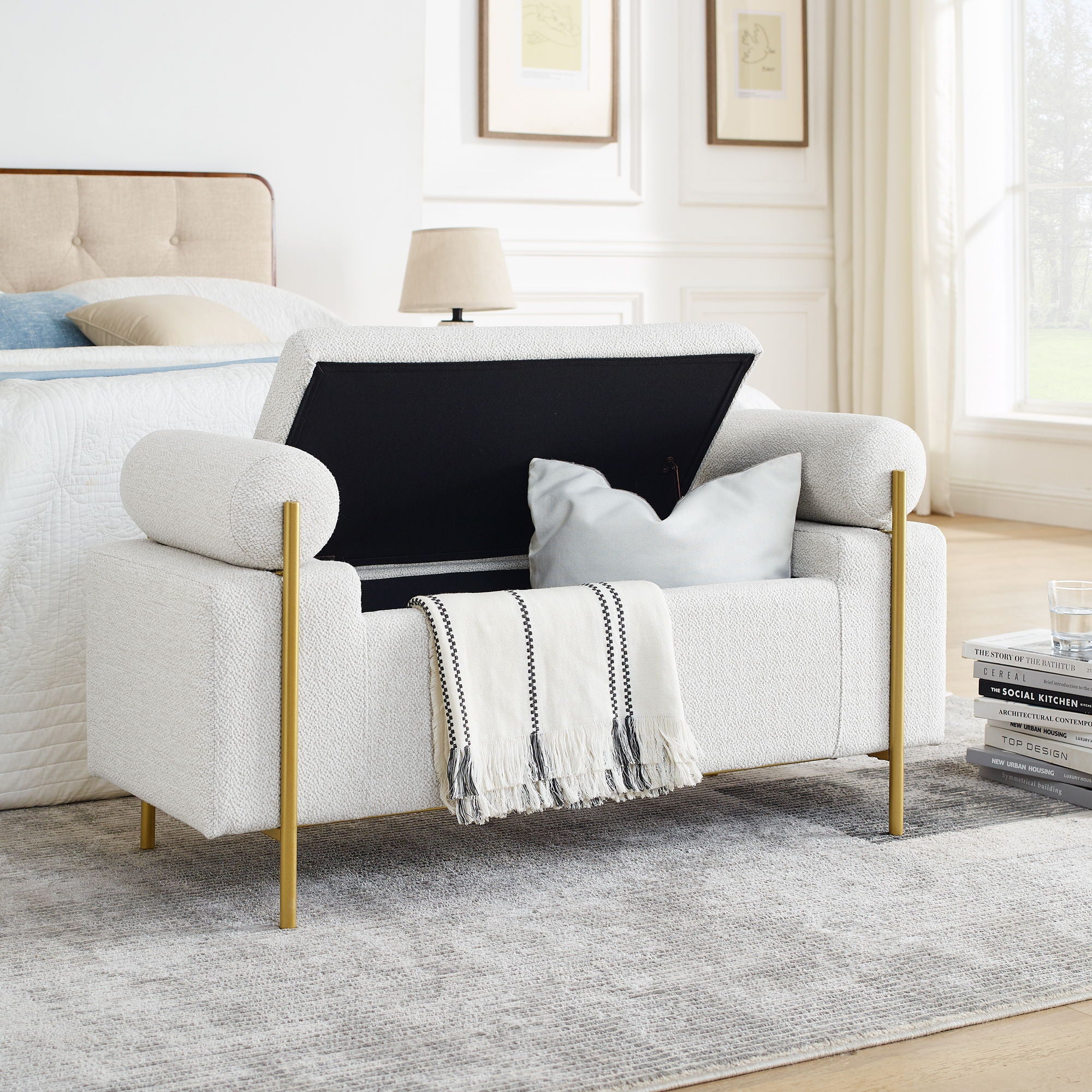 Elegant Upholstered Storage Bench With Cylindrical Arms And Iron Legs,