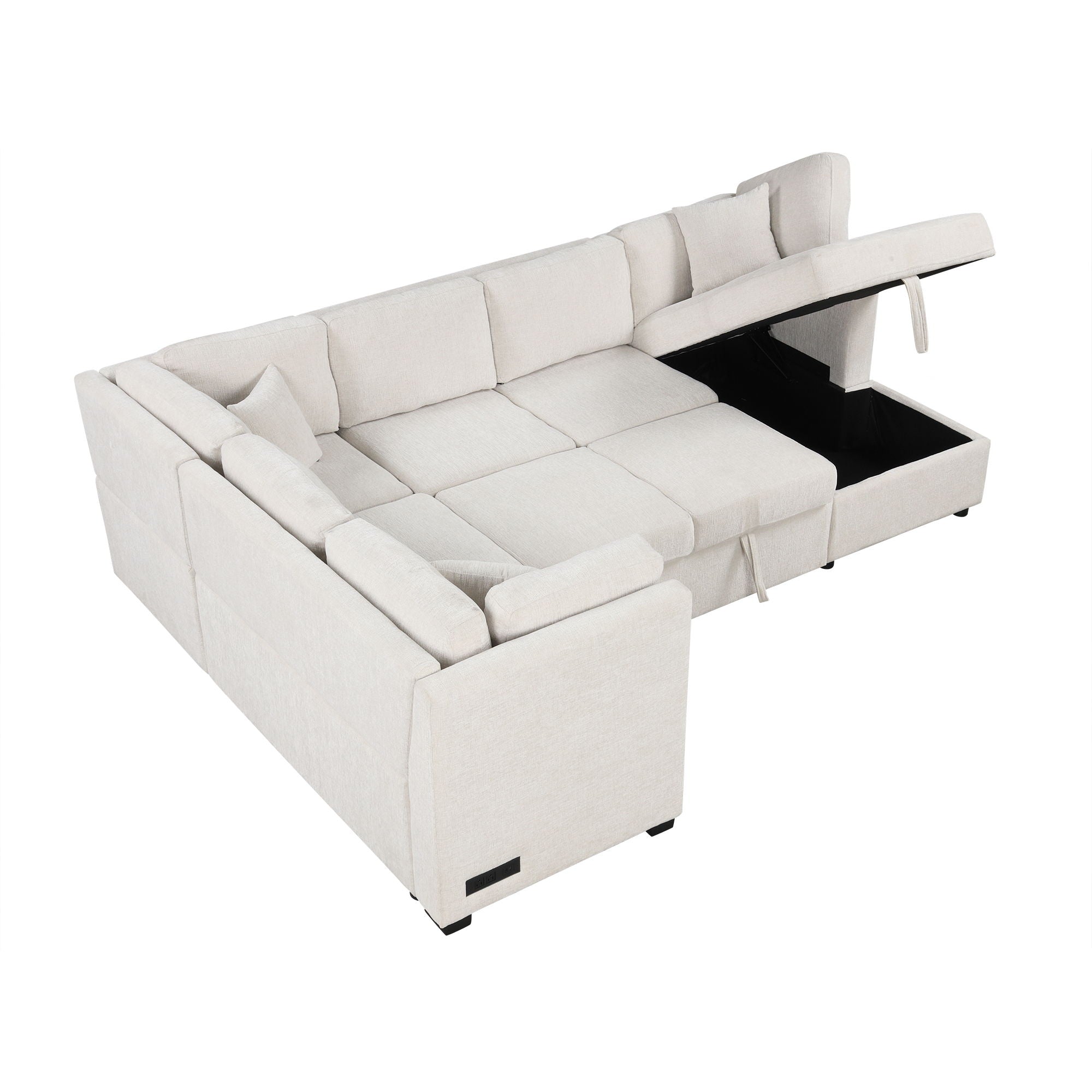 U-Shaped Sectional Sofa Pull Out Sofa Bed With Two USB Ports, Two Power Sockets, Three Back Pillows And A Storage Chaise For Living Room