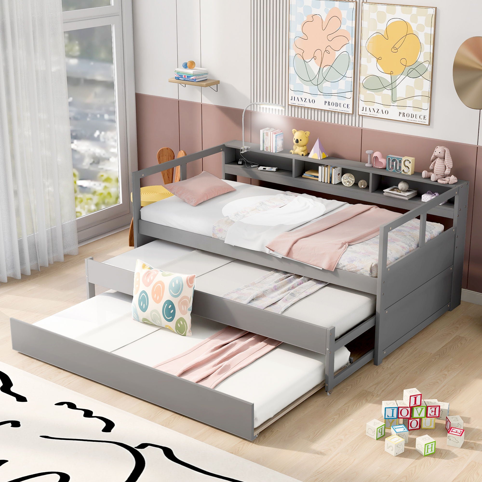 Daybed With 2 Trundles, 3 Storage Cubbies, Built In USB Charging Light
