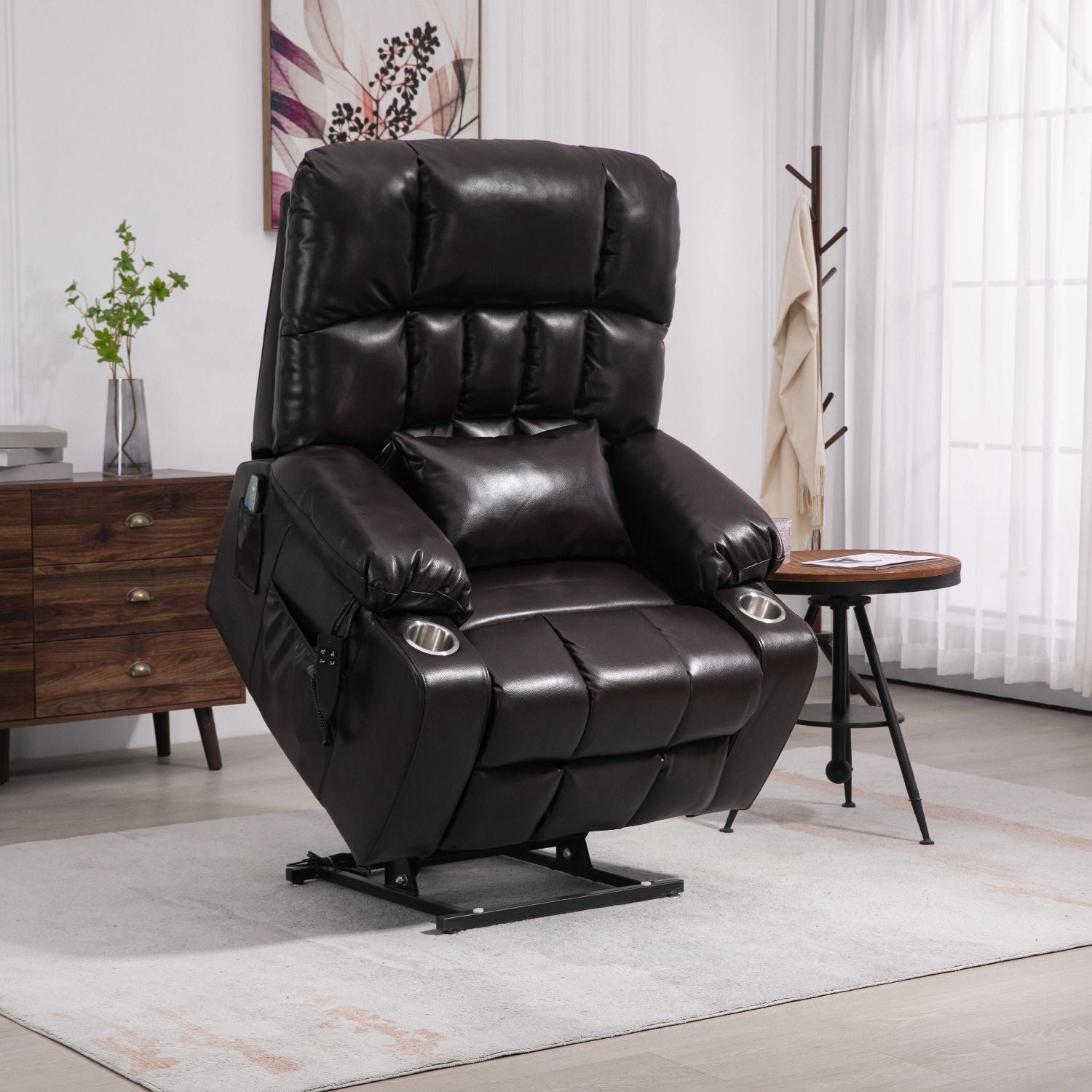 Lift Chair With Heat & Massage, 2 Pockets, 2 Cup Holders, Dual Remote - Wine Red