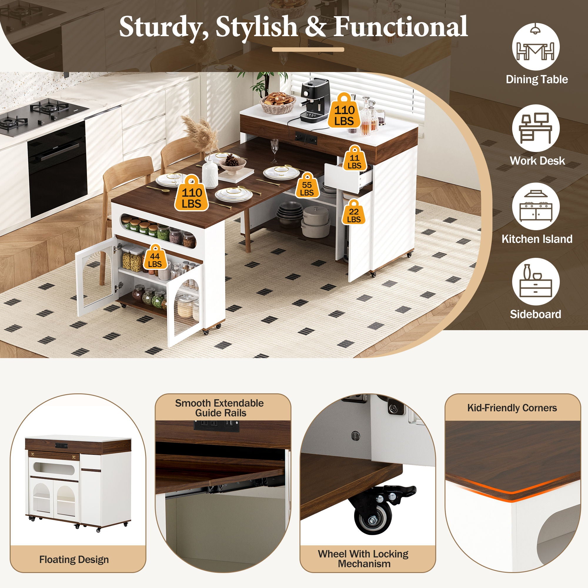 Extendable Dining Table With Folding Top, Rolling Kitchen Island With Drawers And Power Outlet