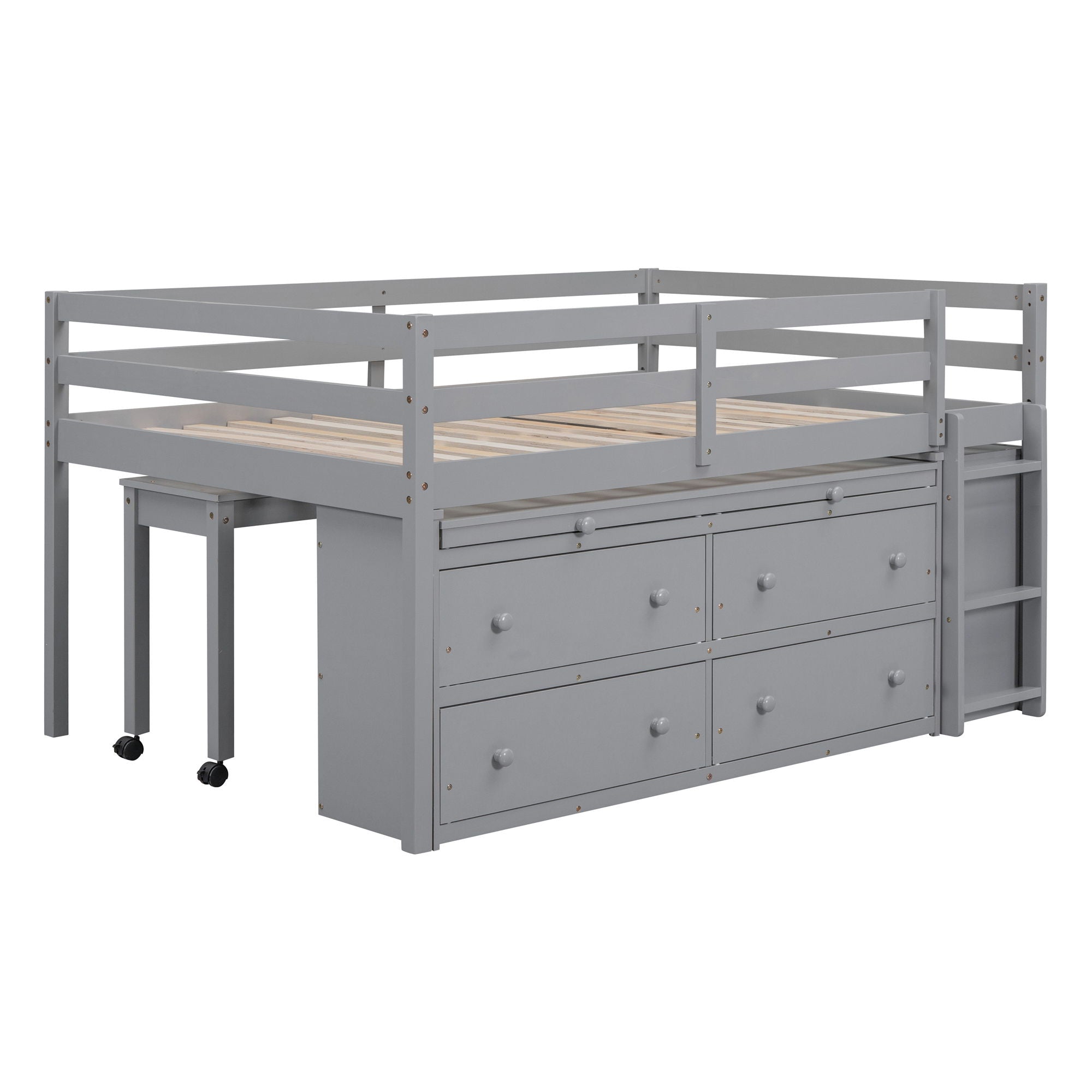 Loft Bed With Retractable Writing Desk And 4 Drawers, With Lateral Portable Desk And Shelves