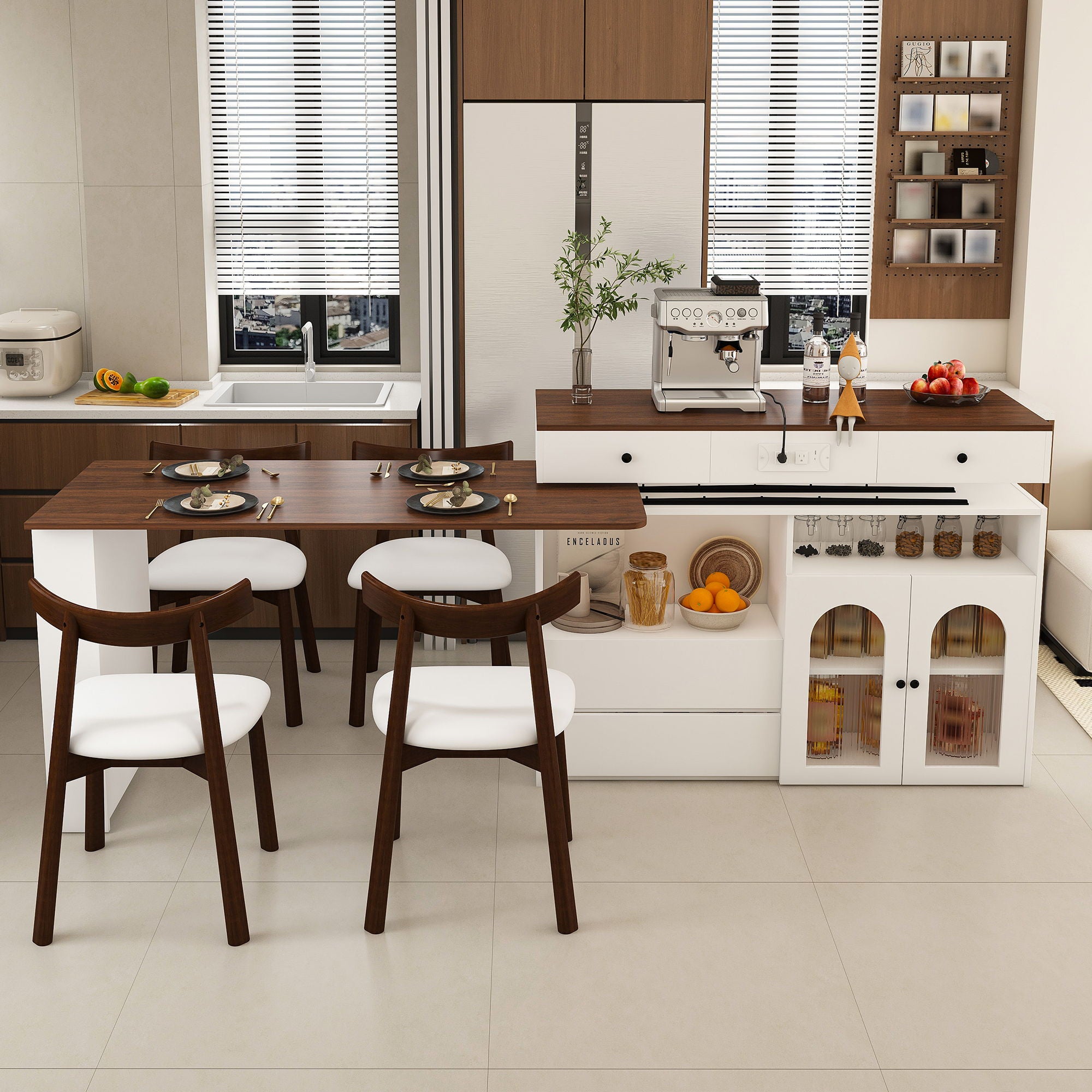 Retro Kitchen Island Set With Chairs, Extendable & Rotating Table, 4 Drawers & Door Cabinets