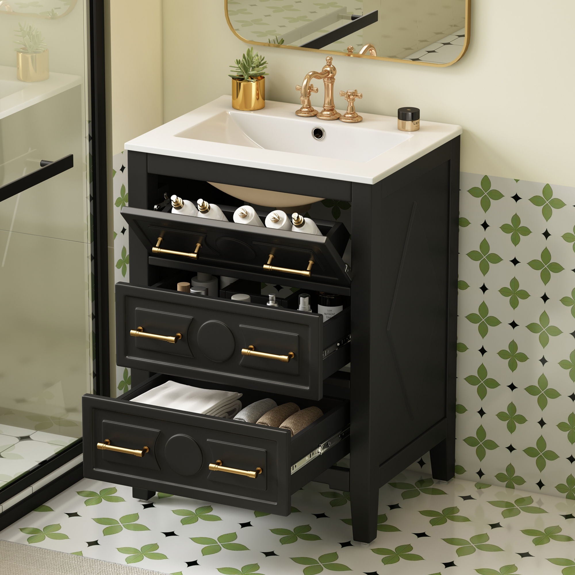 Bathroom Vanity With Sink, Free Standing Single Set, 3 Drawer Storage Cabinet