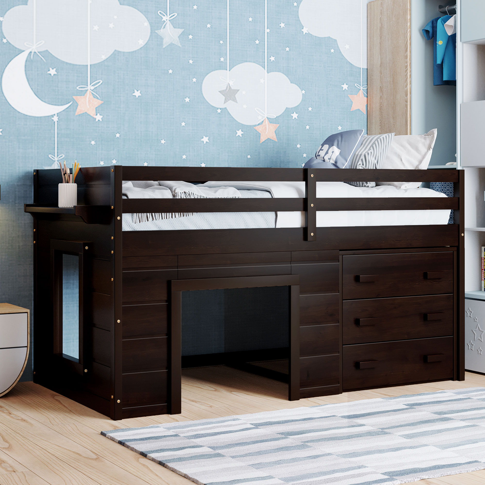 Loft Bed With Cabinet And Shelf