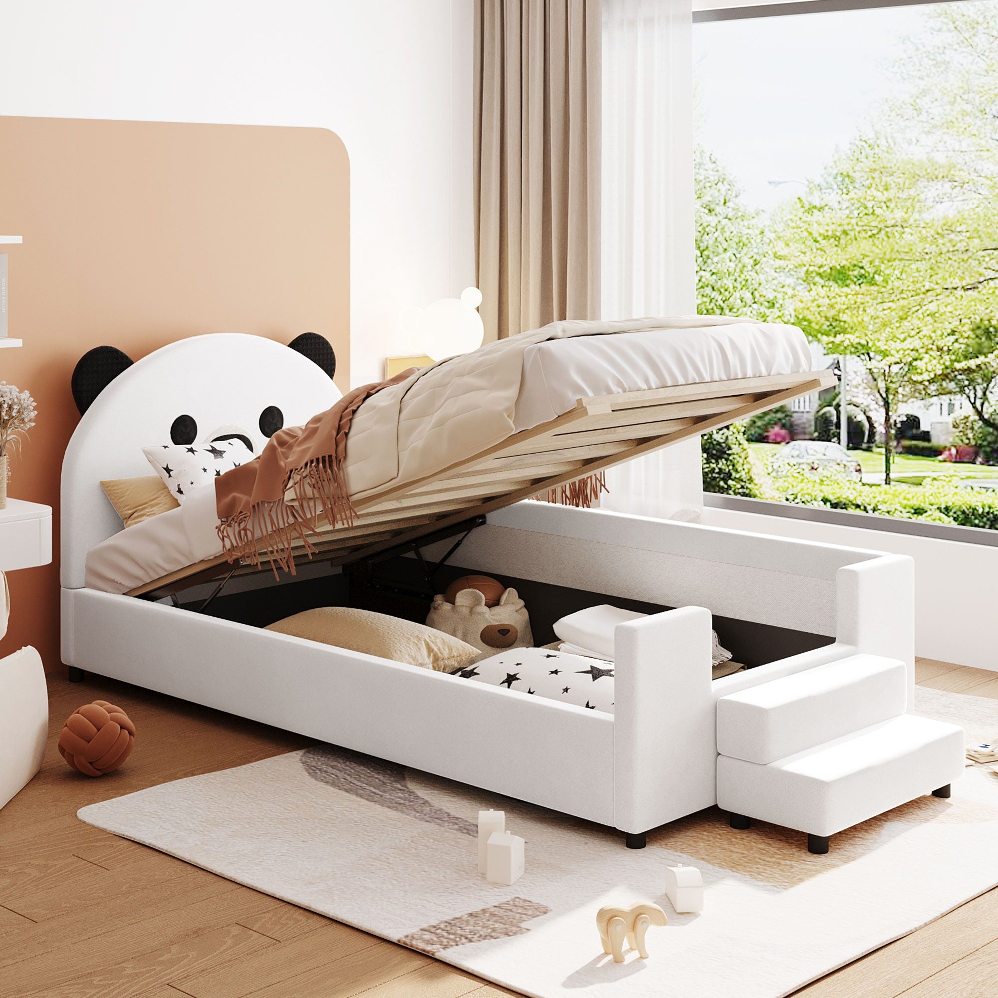 Upholstered Daybed With Bear Shaped Headboard, Hydraulic System And Breathable Fence