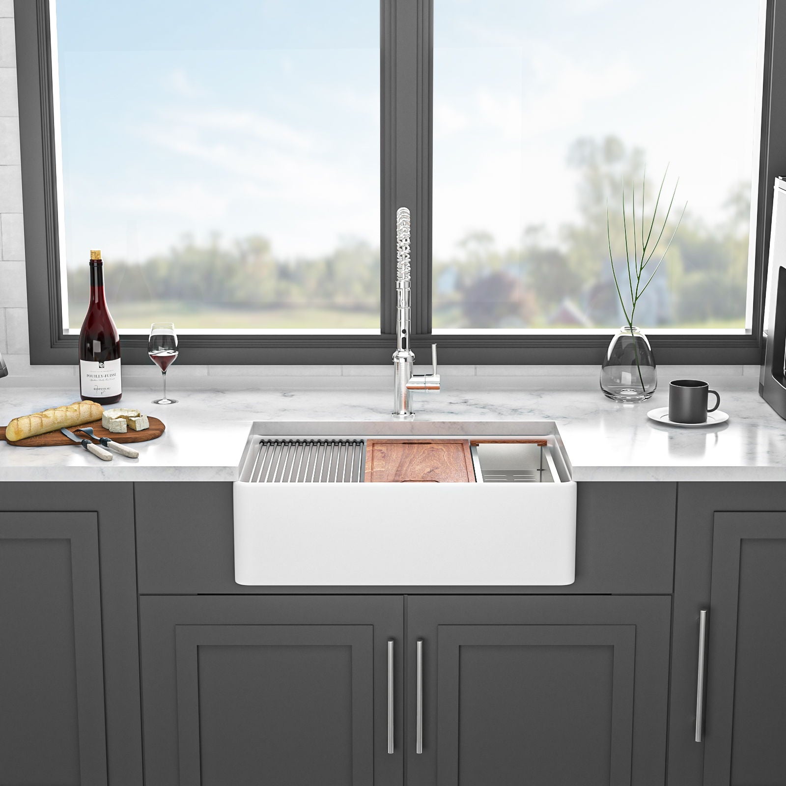 Double Bowl Sink Workstation 33" With Built In Work Surface And Accessories - White