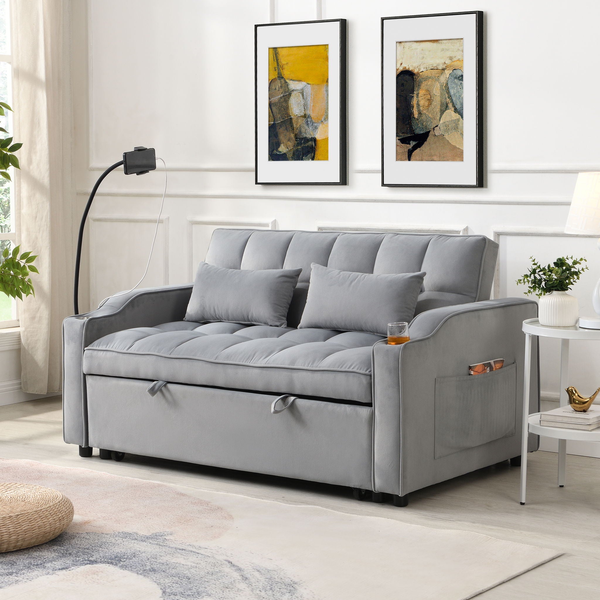 Modern Loveseat Futon Sofa With Pullout Bed, Adjustable Reclining Backrest, Toss Pillows