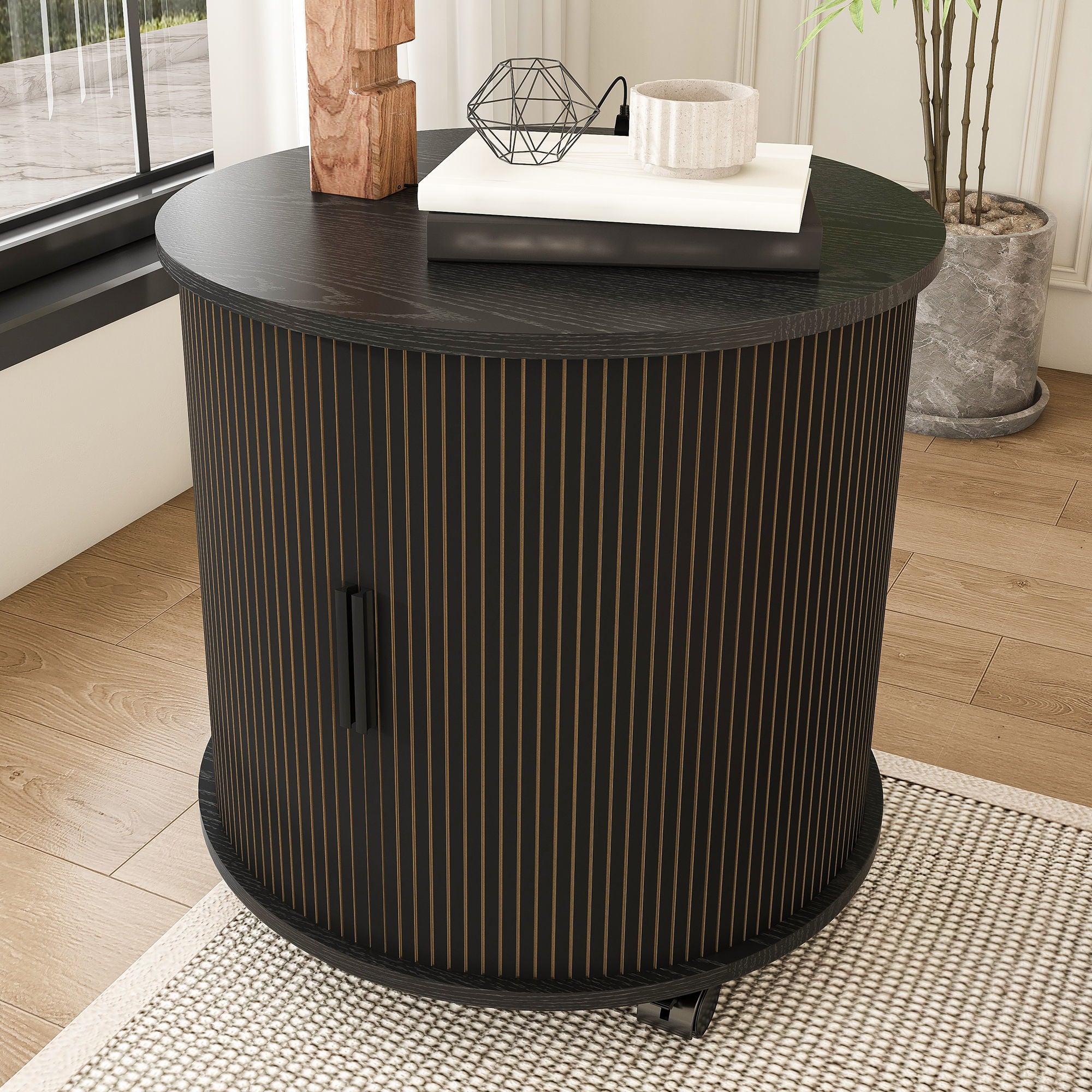 Cylinder Nightstand With Charging Station & Sliding Door