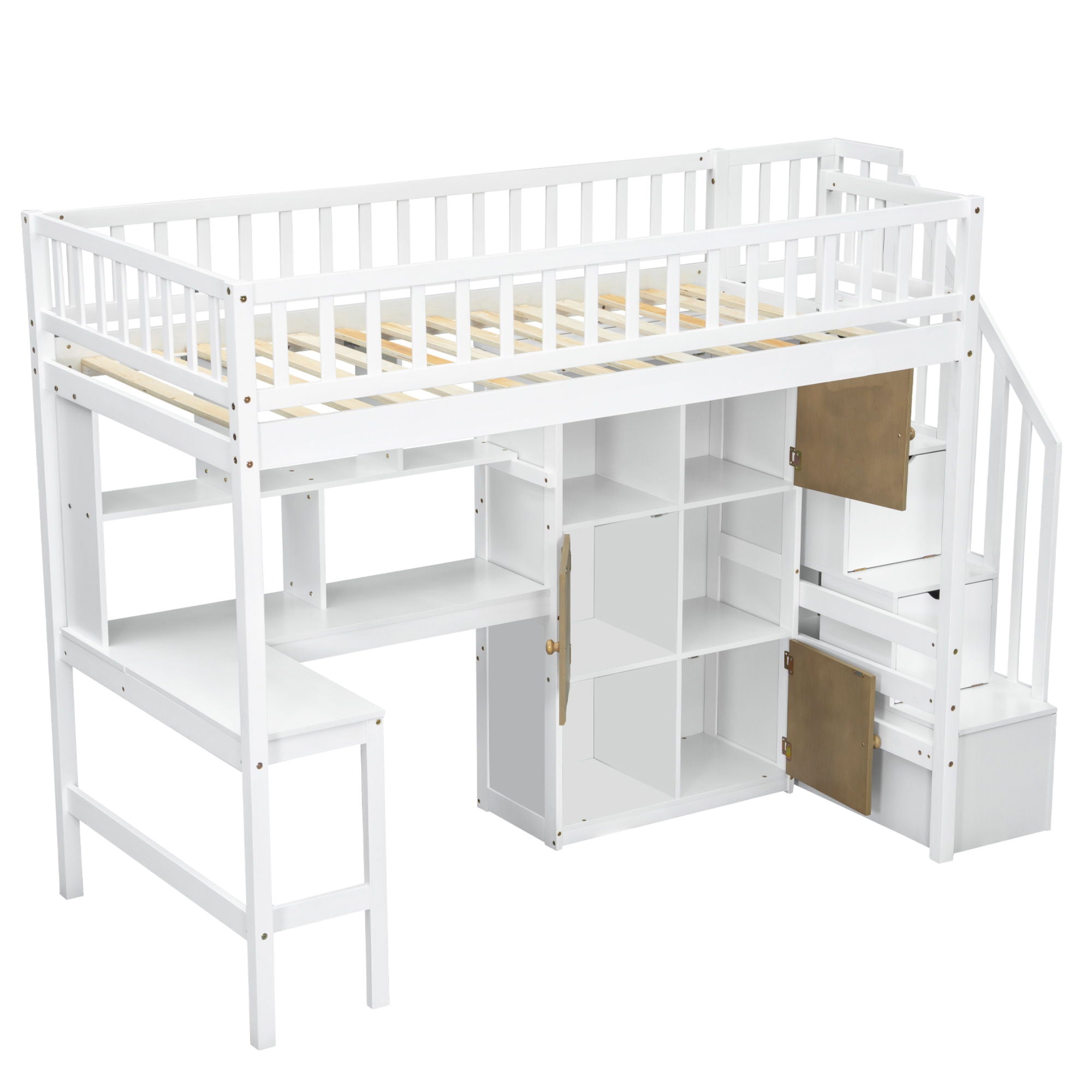 Loft Bed With Built In L Shaped Desk, LED Lights, Storage Shelves, Cabinets, And Staircase