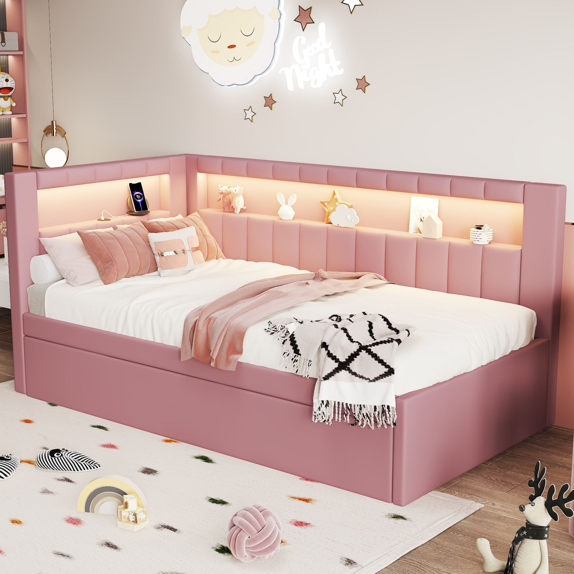 Upholstered Platform Bed With USB Ports And LED Belt