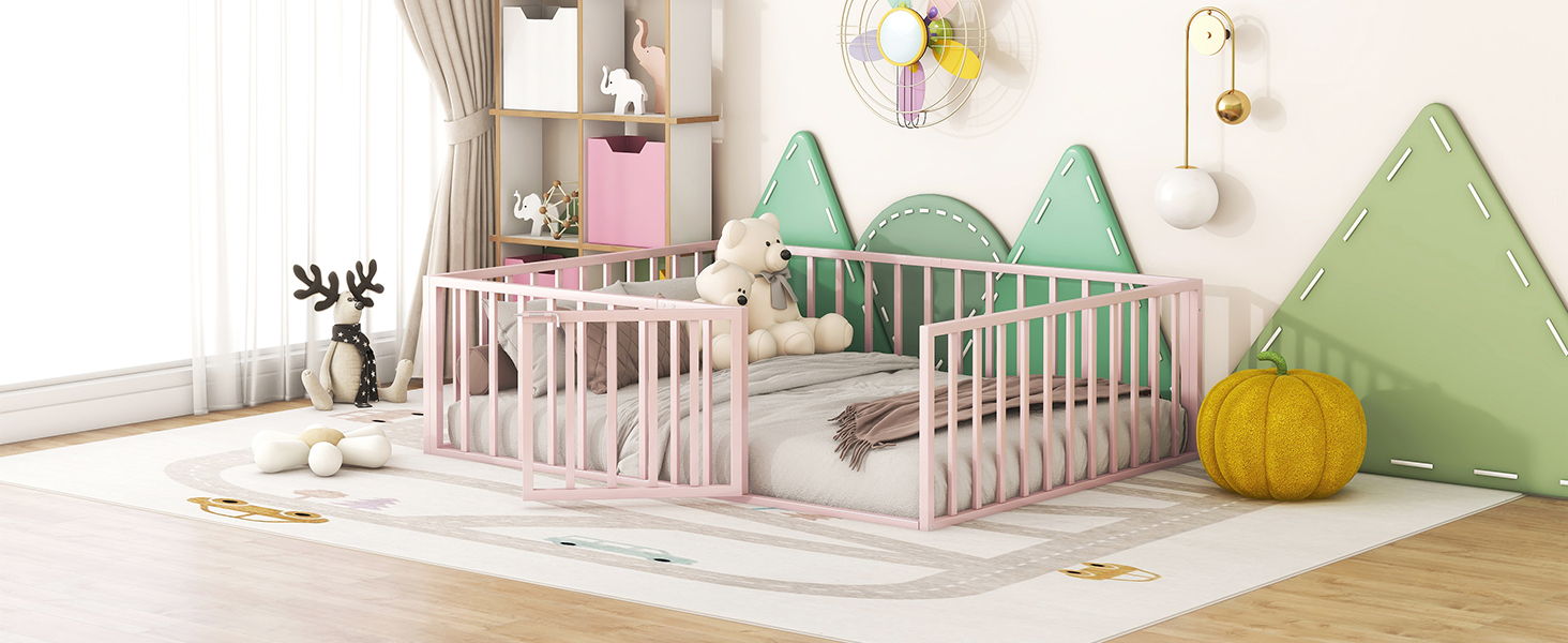 Metal Floor Bed Frame With Fence And Door