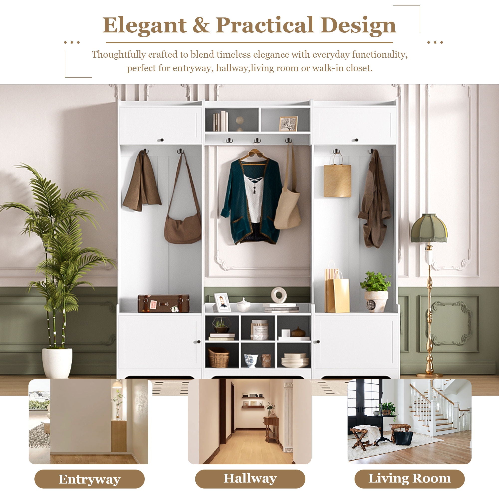 Wide Hall Tree With Shoe Storage, 4 In 1 Entryway Bench With 8 Cubbies, 7 Coat Hooks & Adjustable Shelf For Hallway - White