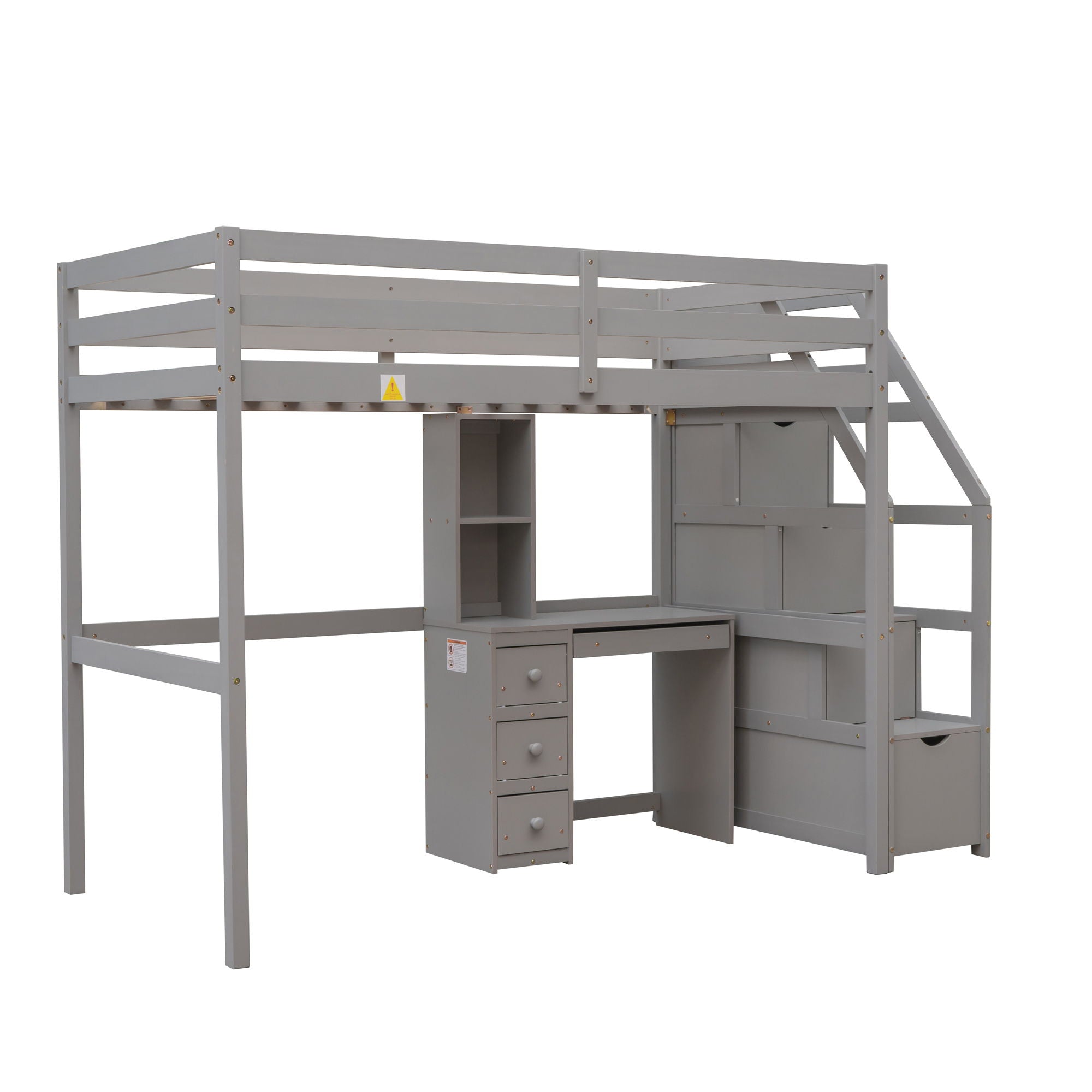 Loft Bed With Stand Alone Bed, Storage Staircase, Desk, Shelves, And Drawers