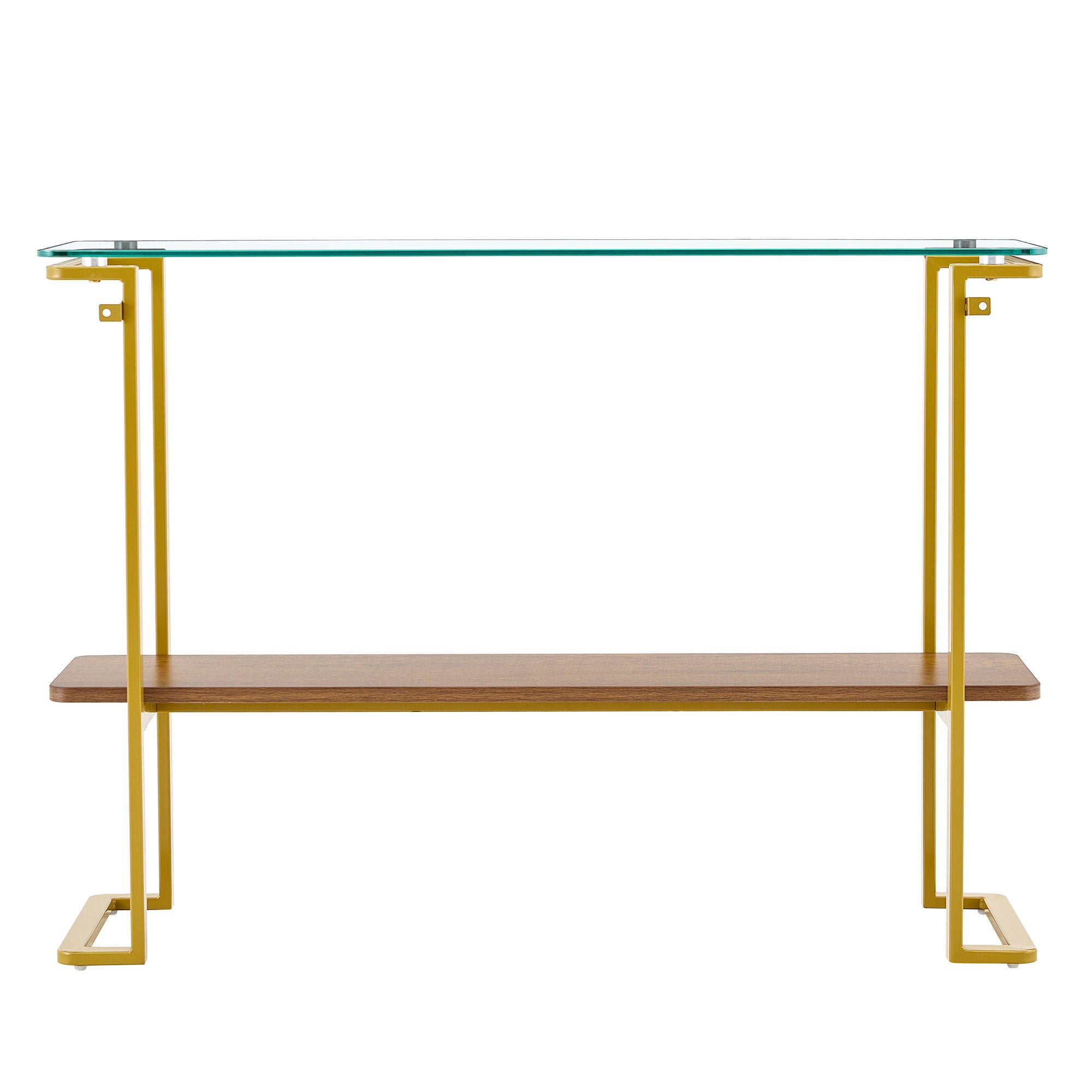 Console Table With Shelf, 2 Tier Living Room - Gold / Walnut